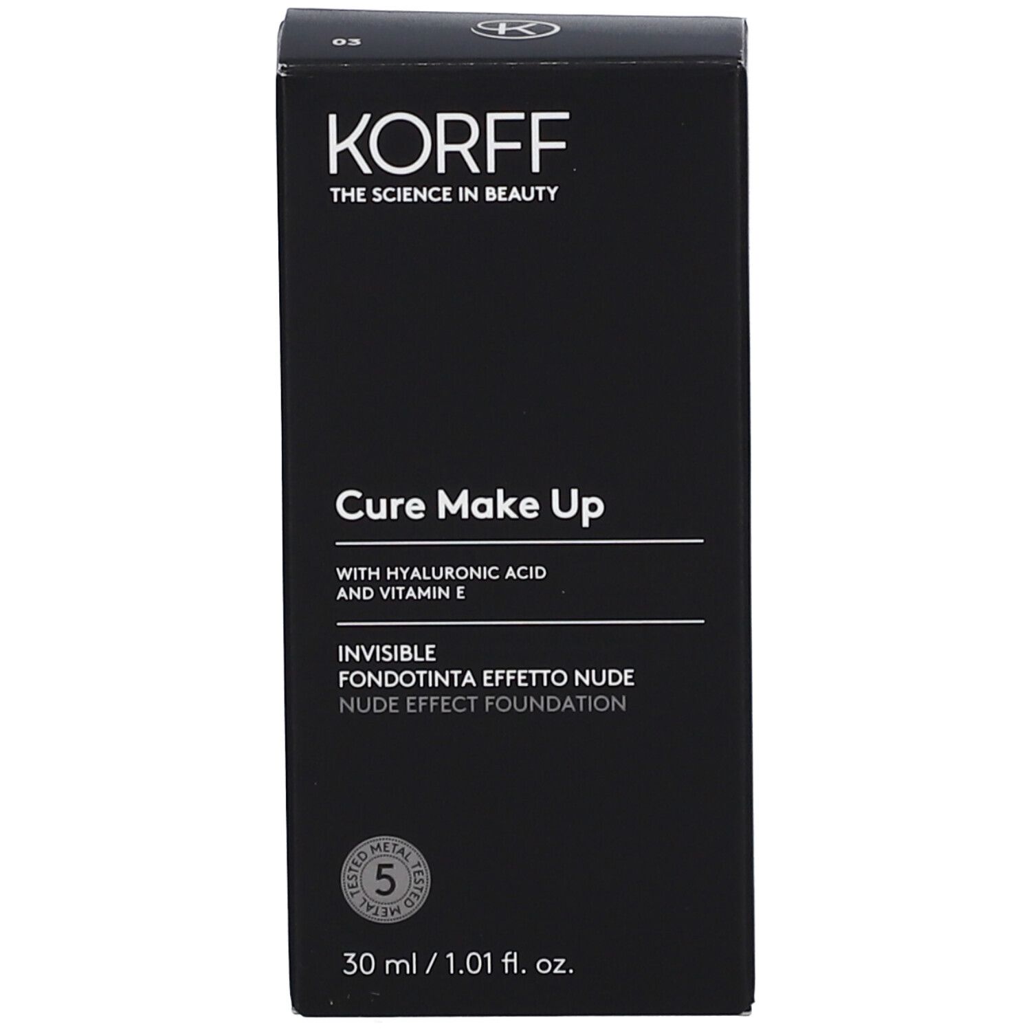 KORFF-Produktverpackung. Cure Make Up mit Hyaluronsäure und Vitamin E. Nude-Effekt-Grundierung. 30 ml.