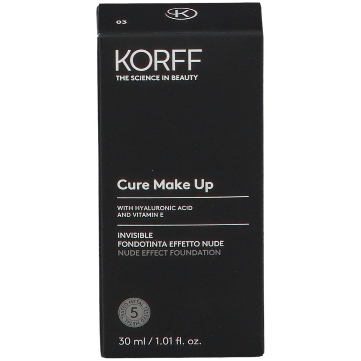 KORFF-Produktverpackung. Cure Make Up mit Hyaluronsäure und Vitamin E. Nude-Effekt-Grundierung. 30 ml.