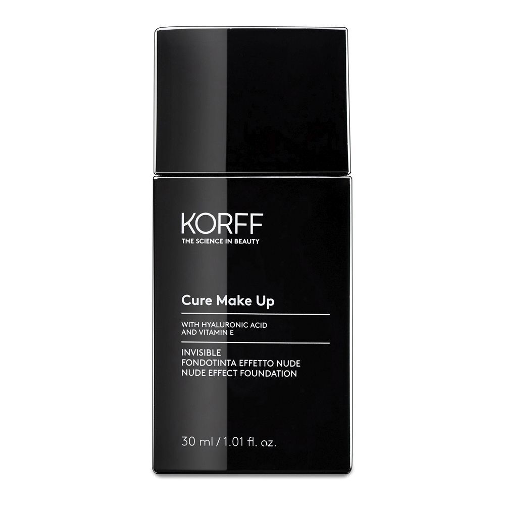 Flacon noir avec bouchon noir. Inscription: KORFF, Cure Make Up, Invisible Fondotinta Effetto Nude, 30 ml.