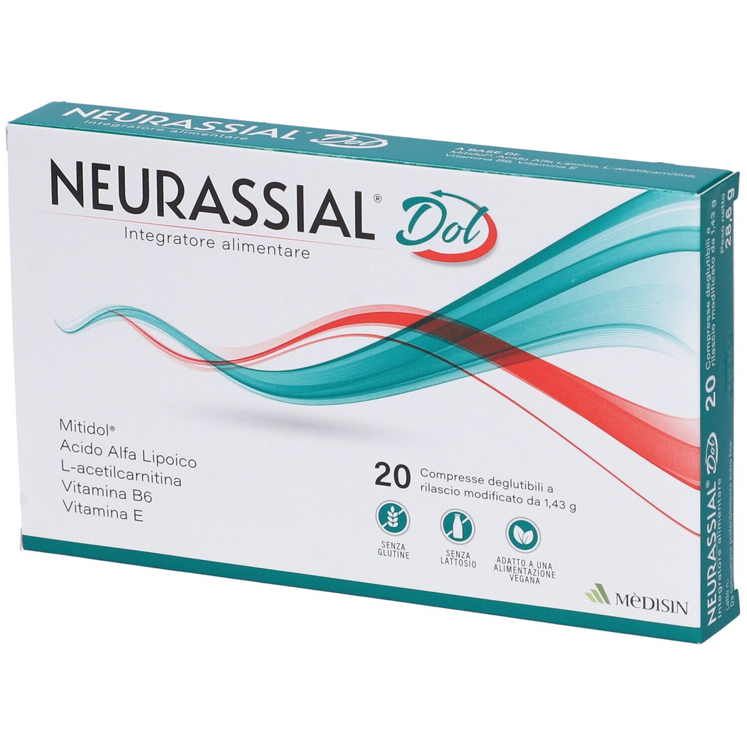 Boîte de "NEURASSIAL Dol". Contient 20 comprimés. Sans gluten, lactose, et végétalien.