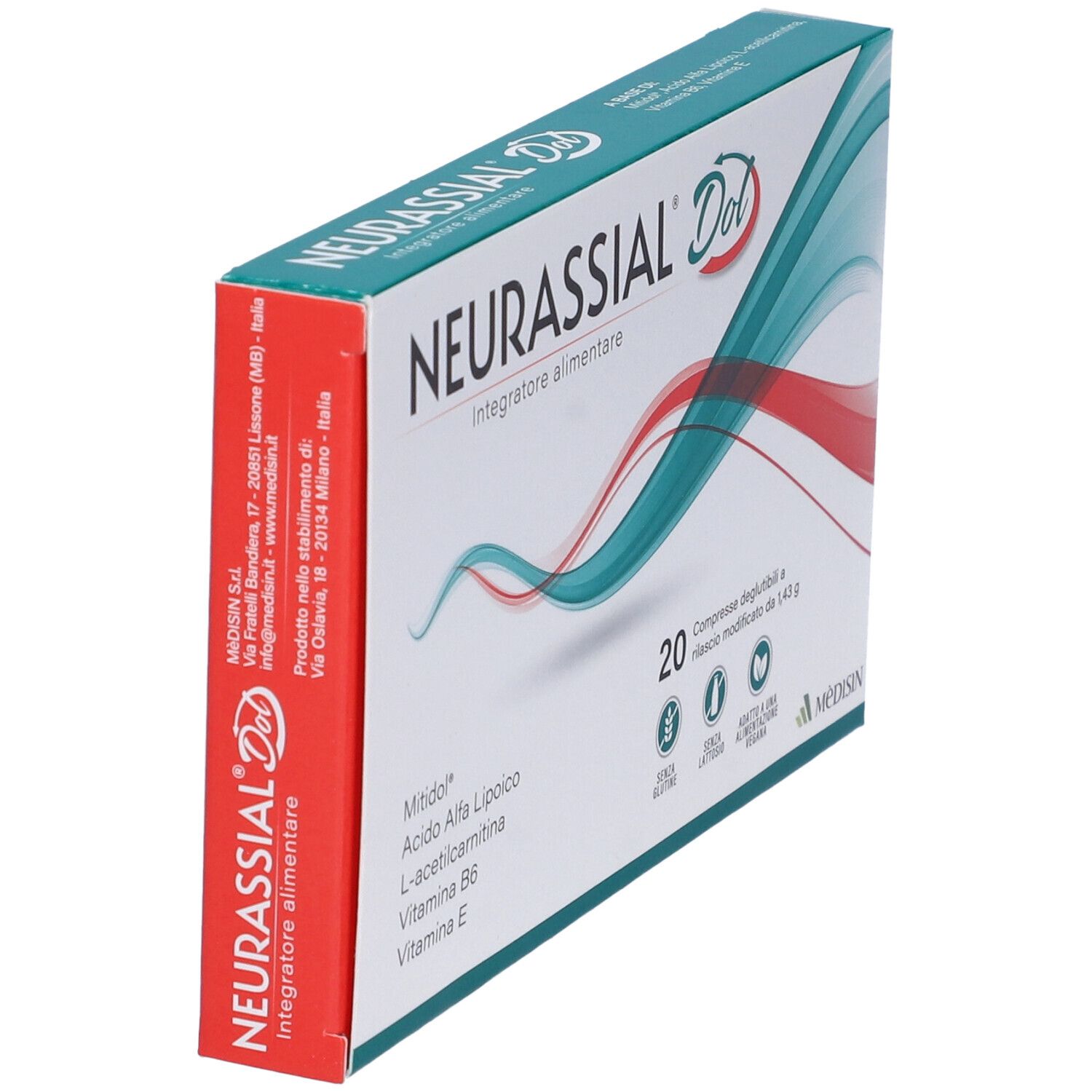 Boîte "NEURASSIAL Dol", vue latérale. Contient 20 comprimés. Sans gluten, lactose, végétalien.