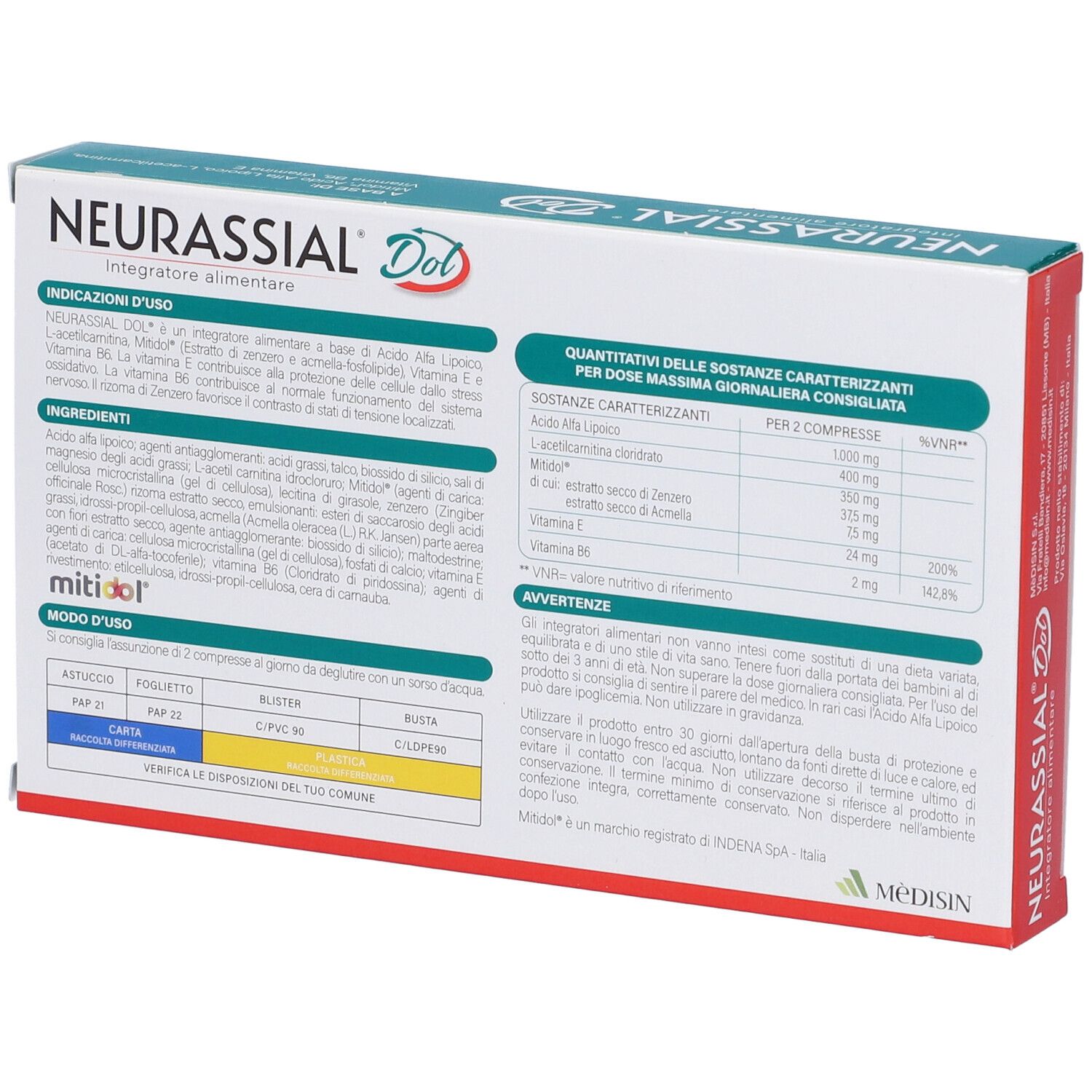 Dos de la boîte "NEURASSIAL Dol". Ingrédients, dosage et avertissements.