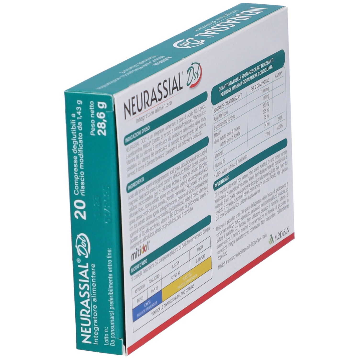 Boîte "NEURASSIAL Dol", en biais. Contient 20 comprimés. Ingrédients et dosage.