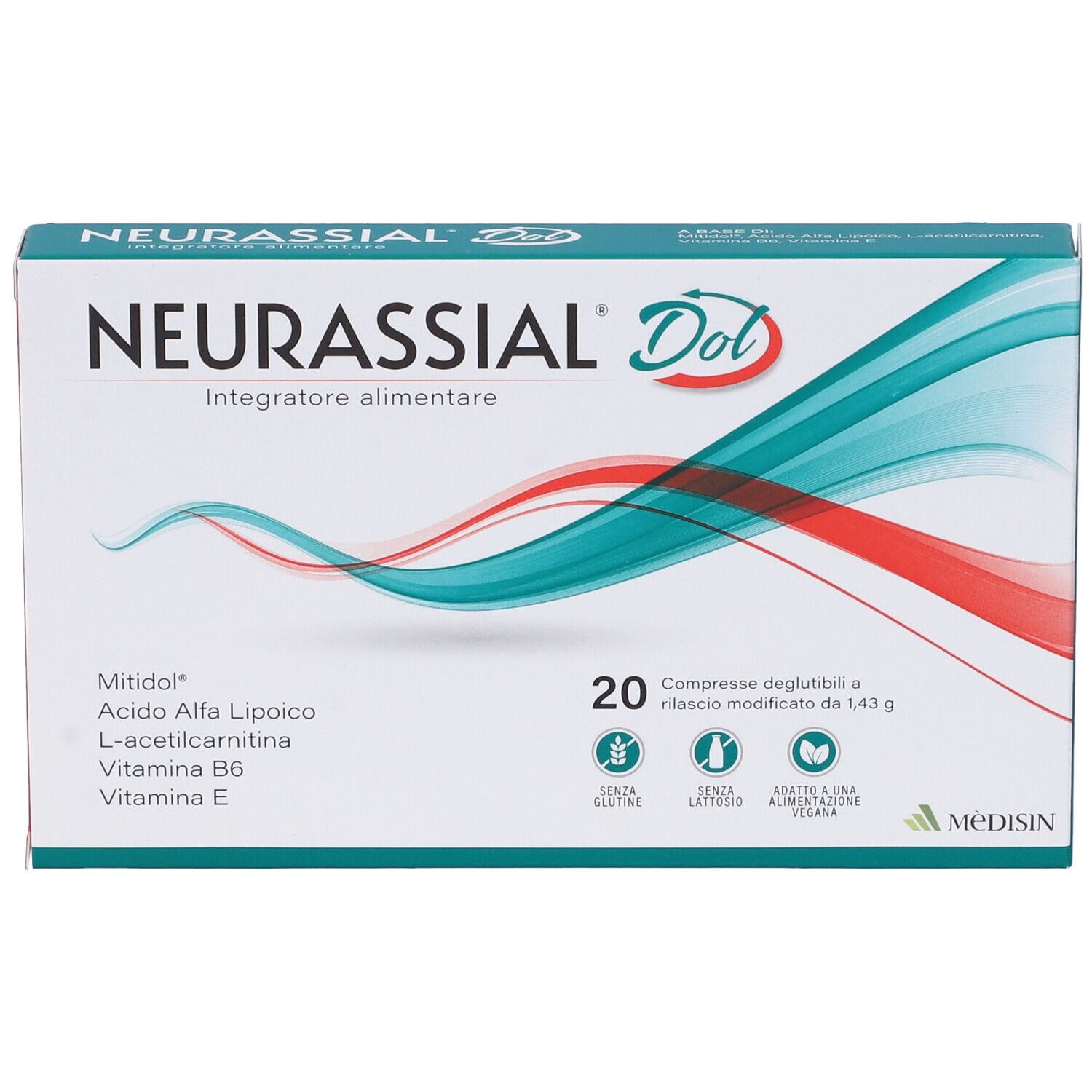 Boîte "NEURASSIAL Dol". Contient 20 comprimés. Sans gluten, lactose, et végétalien.