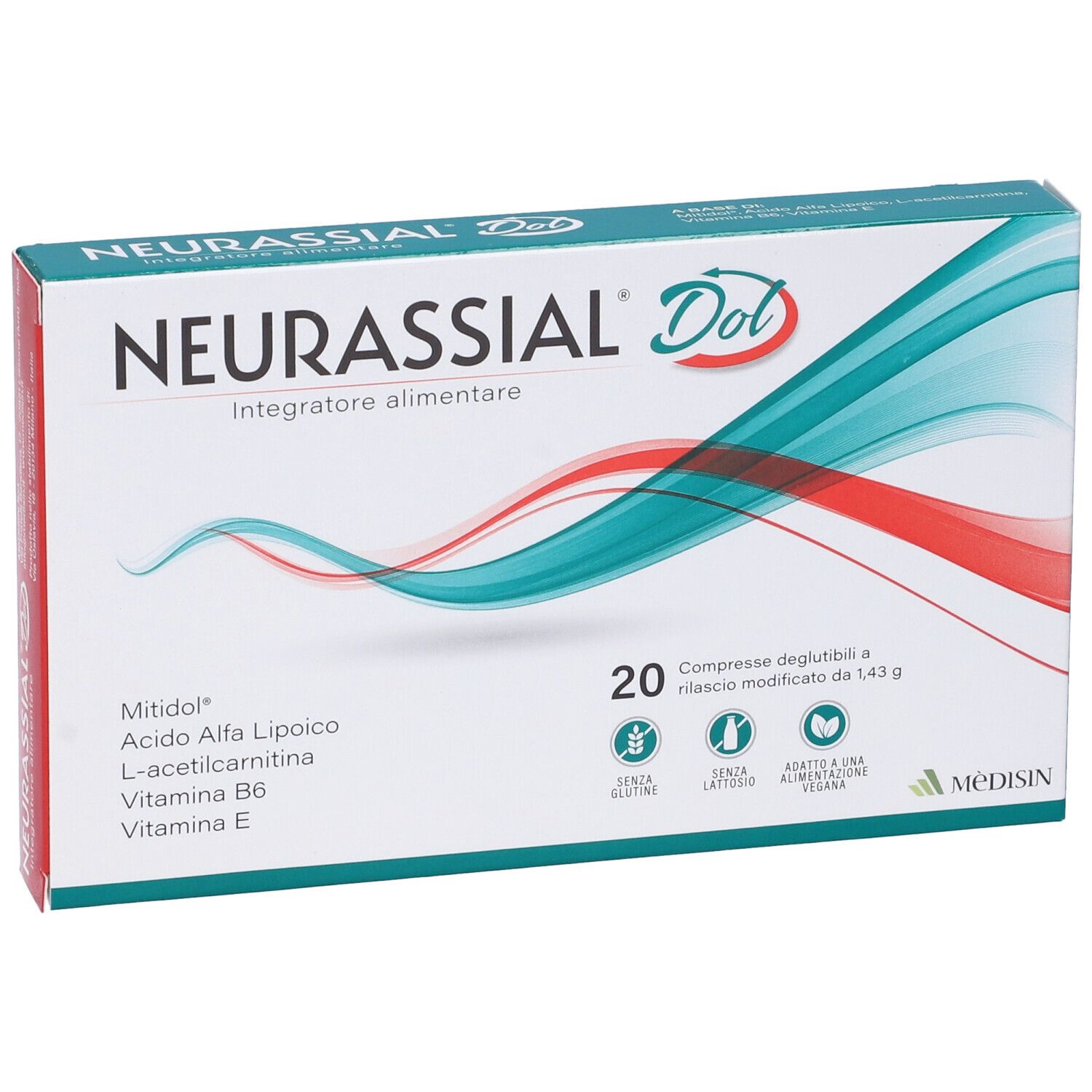 Boîte "NEURASSIAL Dol". Contient 20 comprimés. Sans gluten, lactose, et végétalien.