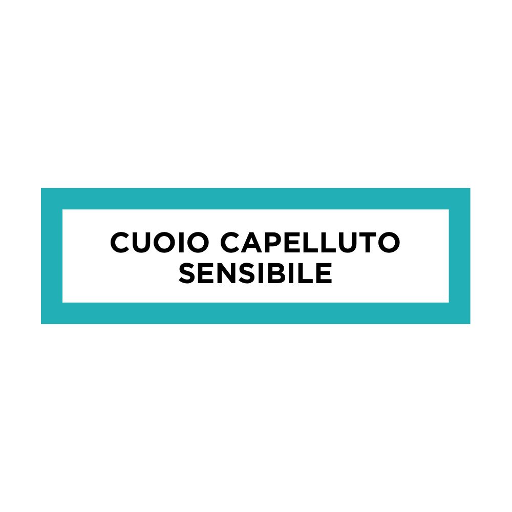Rechteckiges Schild mit türkisfarbenem Rahmen. Text: CUOIO CAPELLUTO SENSIBILE.