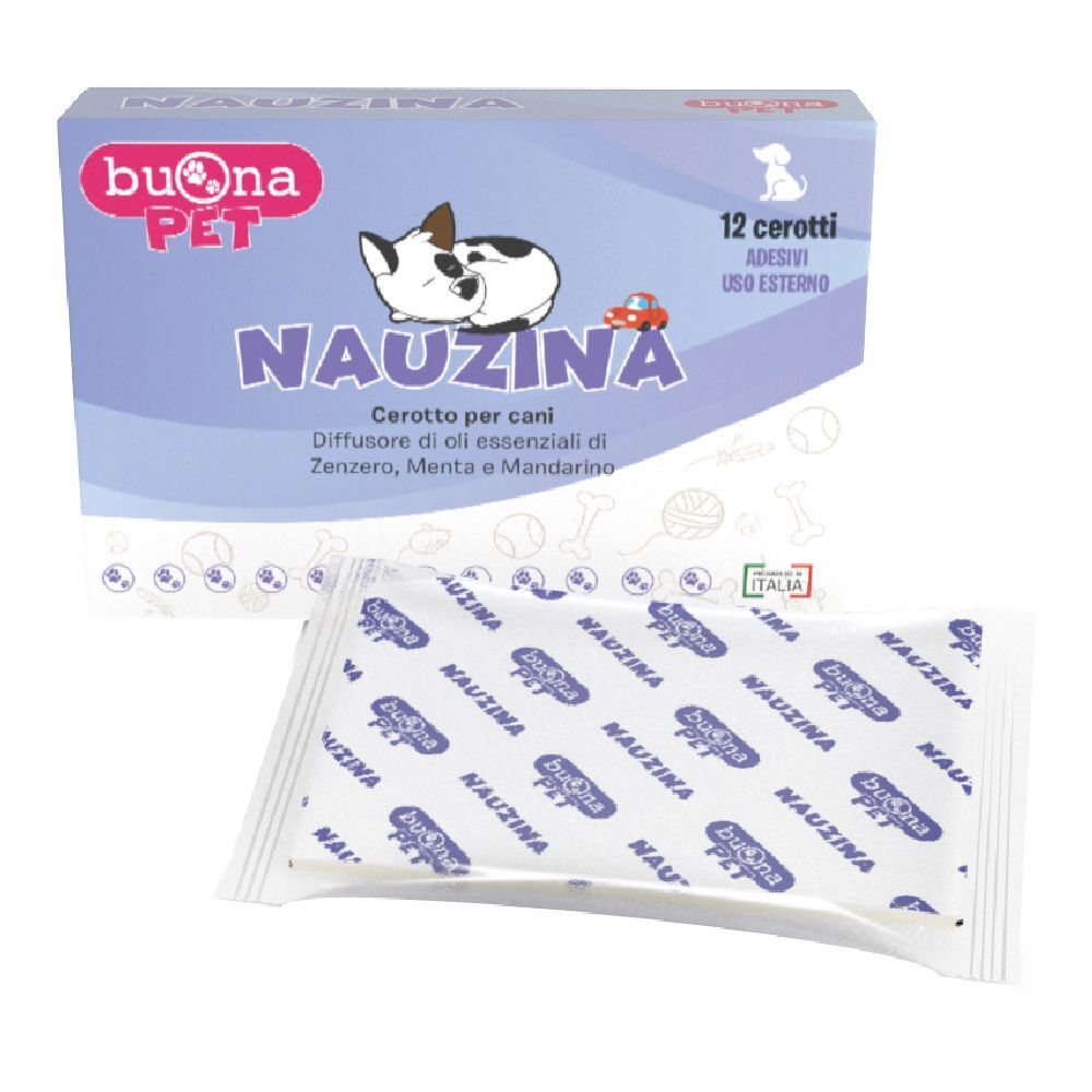 Verpackung mit 12 Pflastern. Marke: Buona Pet. Produktname: Nauzina. Mit Abbildung eines Hundes und eines Autos. Aufschrift: Cerotto per cani.