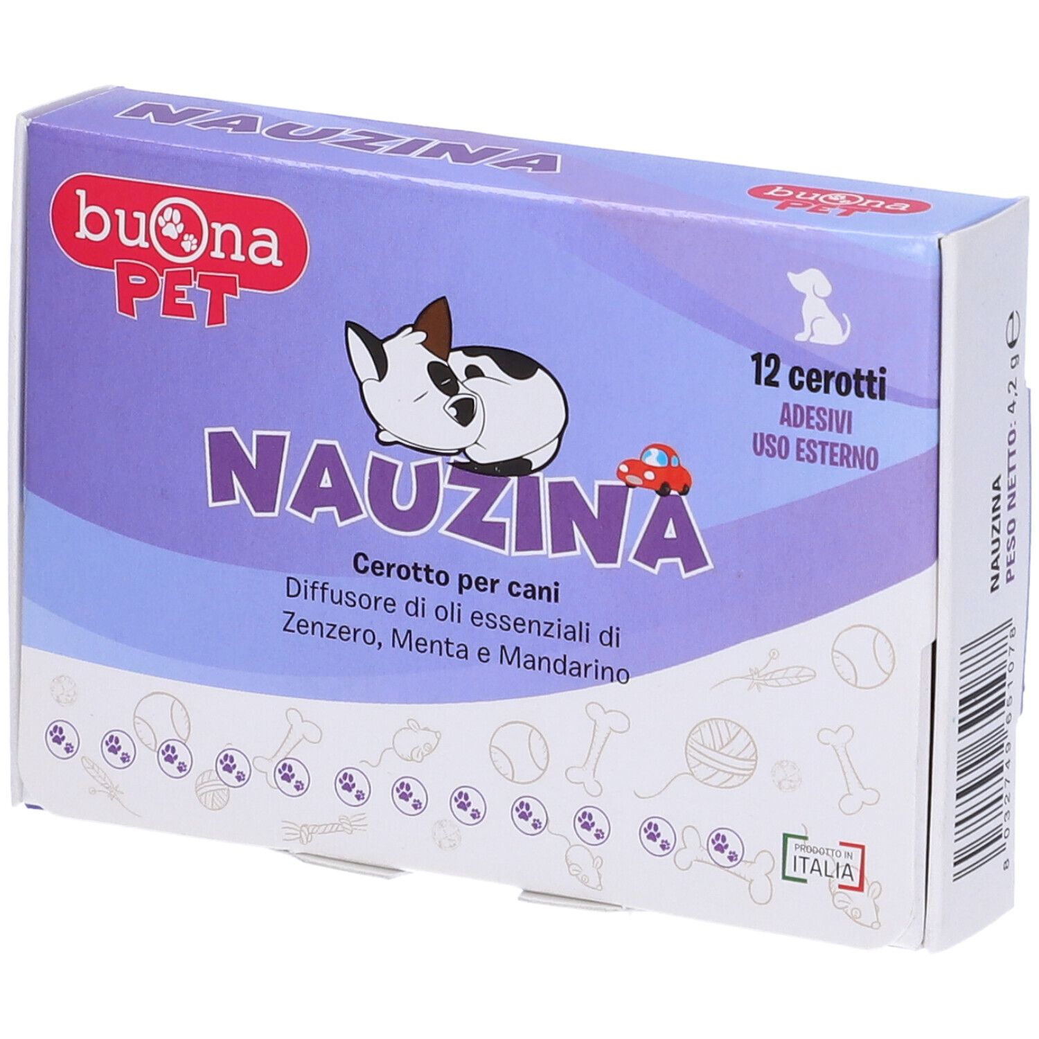 Verpackung mit 12 Pflastern. Marke: Buona Pet. Produktname: Nauzina. Mit Abbildung eines Hundes und eines Autos. Aufschrift: Cerotto per cani.