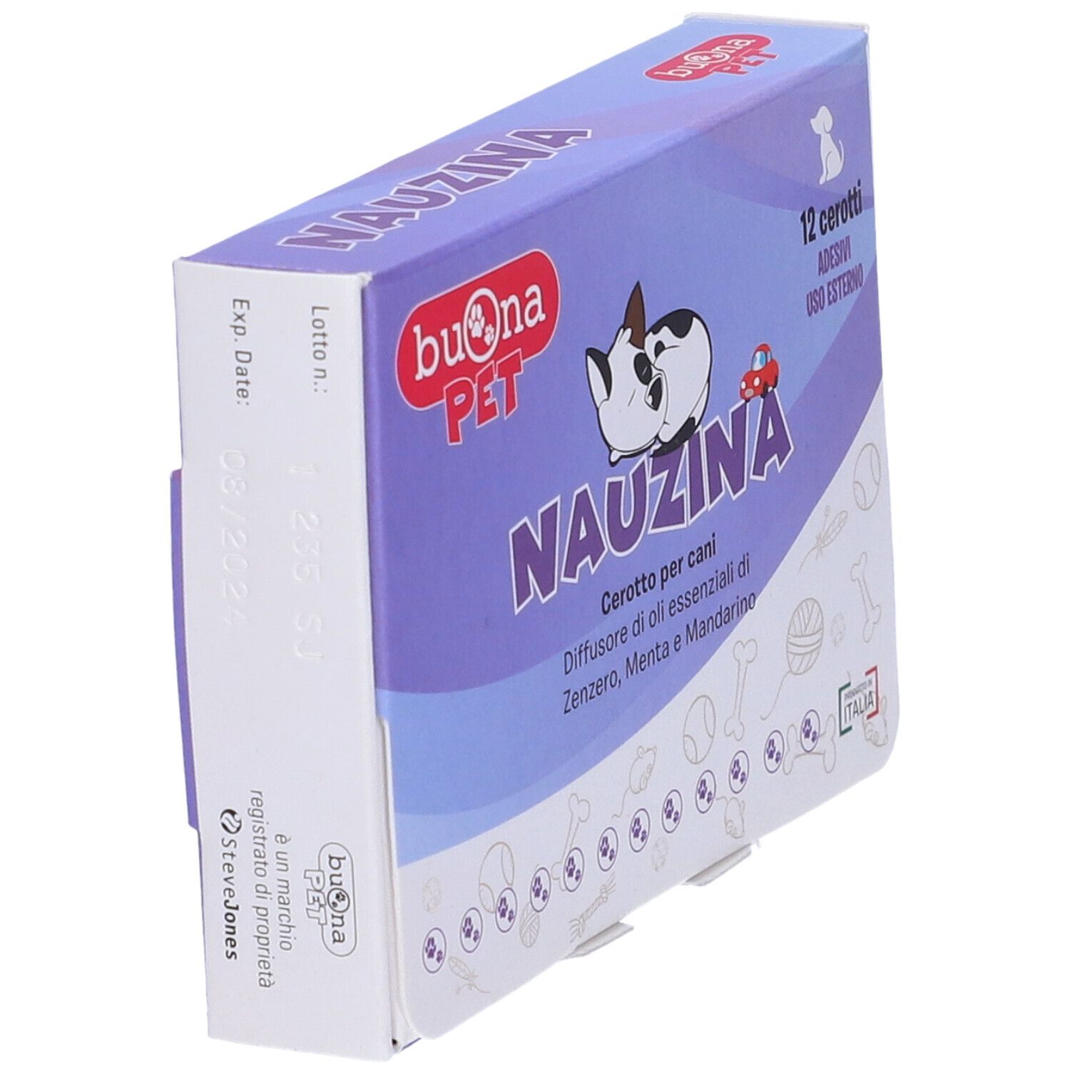 Verpackung mit 12 Pflastern. Marke: Buona Pet. Produktname: Nauzina. Mit Abbildung eines Hundes und eines Autos. Aufschrift: Cerotto per cani.