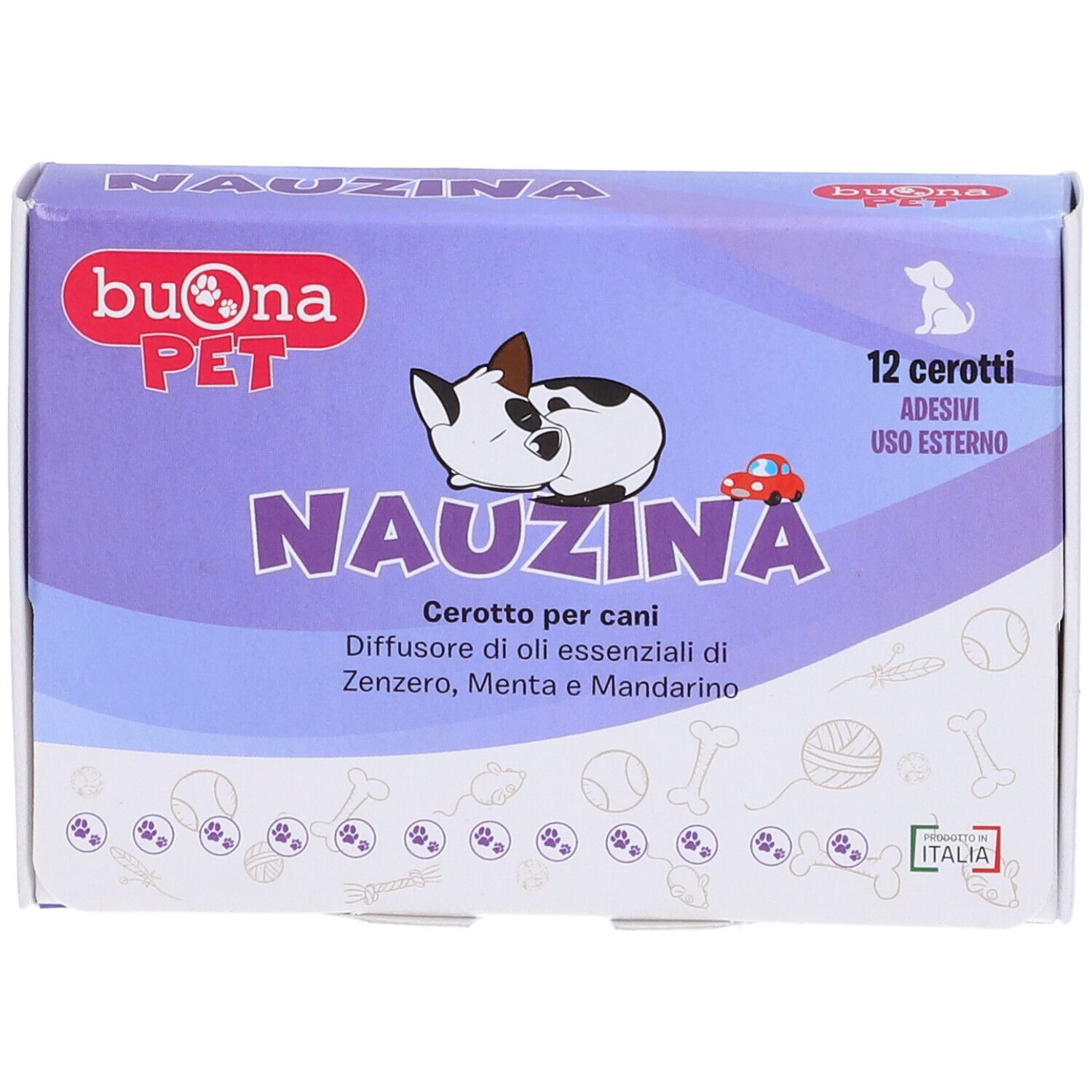 Verpackung mit 12 Pflastern. Marke: Buona Pet. Produktname: Nauzina. Mit Abbildung eines Hundes und eines Autos. Aufschrift: Cerotto per cani.