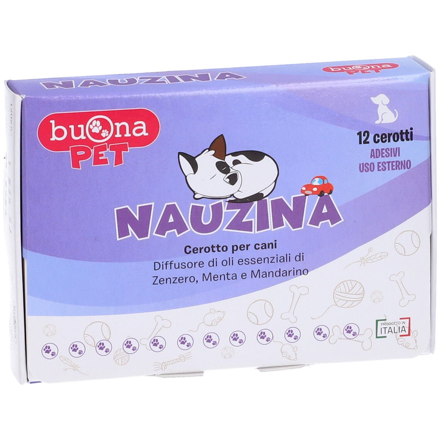 Verpackung mit 12 Pflastern. Marke: Buona Pet. Produktname: Nauzina. Mit Abbildung eines Hundes und eines Autos. Aufschrift: Cerotto per cani.