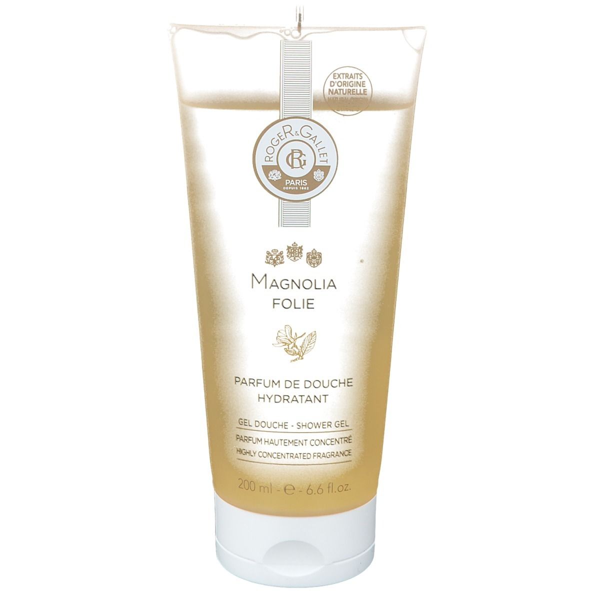 Transparentes Duschgel in Tube. Aufschrift: Magnolia Folie, Parfum de Douche Hydratant. Marke Roger & Gallet.