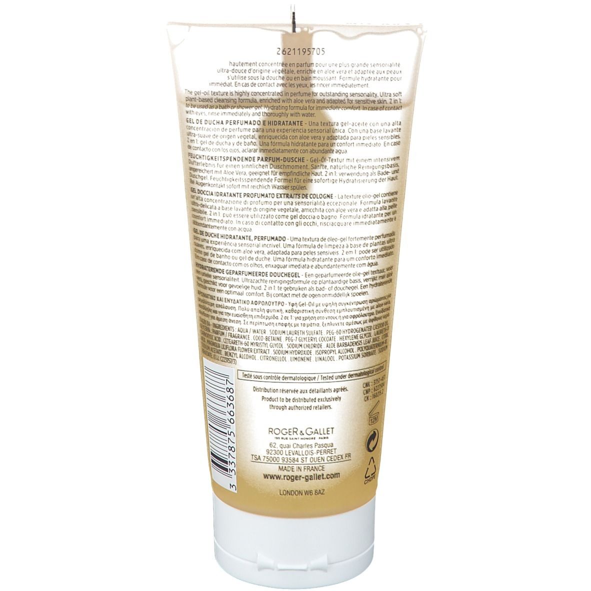 Rückseite der Duschgel-Tube. Text: Inhaltsstoffe, Herstelleradresse, Warnhinweise. Marke Roger & Gallet.