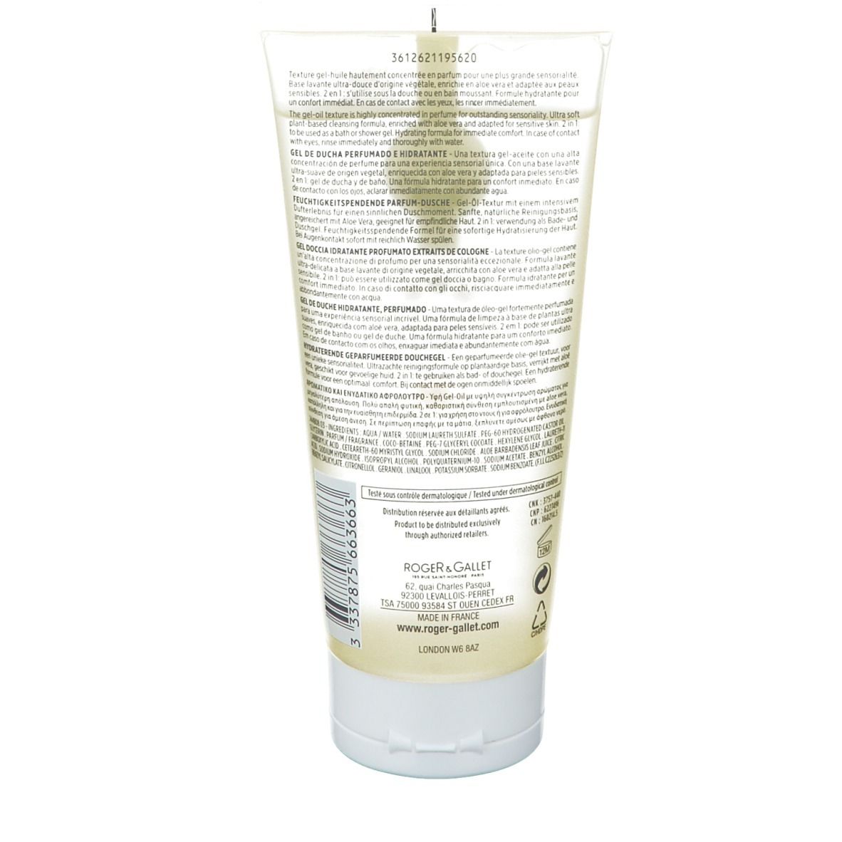 Rückseite einer Tube Duschgel. Text in mehreren Sprachen. Marke Roger & Gallet. Informationen zur Herstellung.