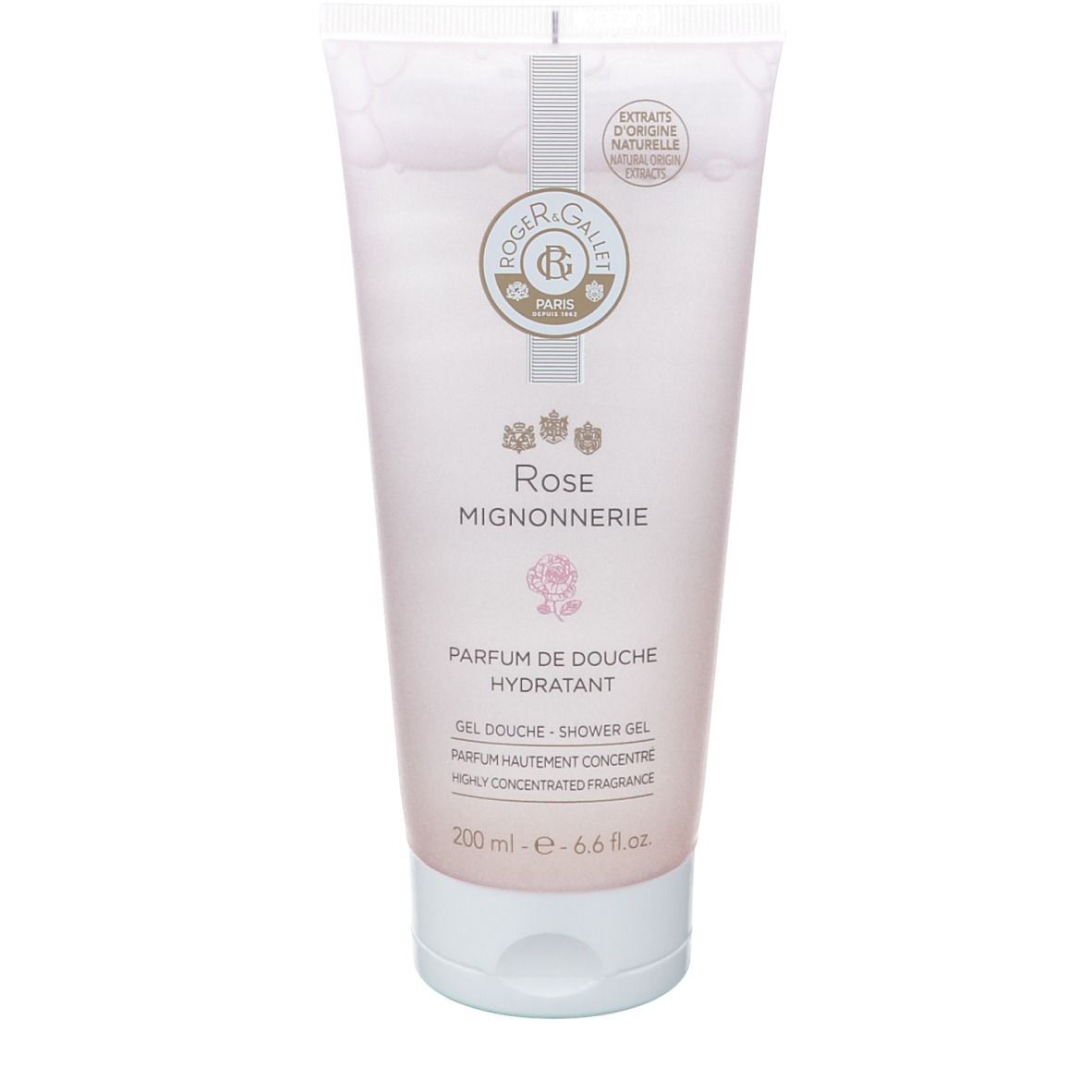Tube de gel douche rose avec bouchon blanc. Inscription : Rose Mignonnerie, Roger & Gallet.
