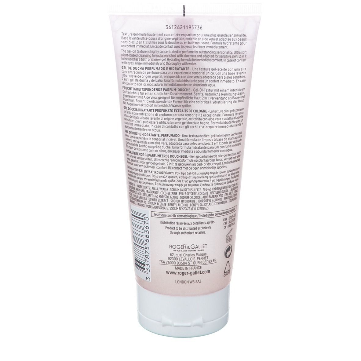 Dos du tube de gel douche rose avec bouchon blanc. Texte et code-barres.