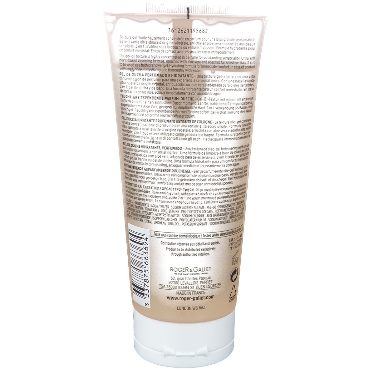 Rückseite der Tube mit Text. Logo Roger & Gallet. Aufschrift: Tubéreuse Hédonie. Inhaltsstoffe und Herstellerinformationen.