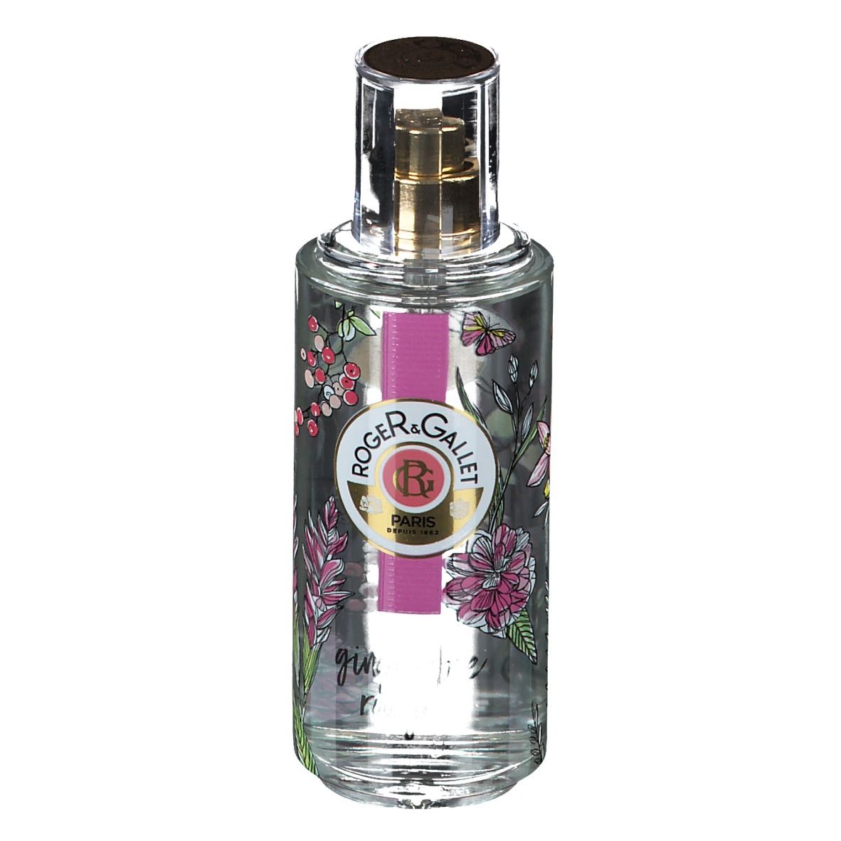 Flacon transparent, motifs floraux, ruban rose. Vaporisateur doré. Logo Roger & Gallet.