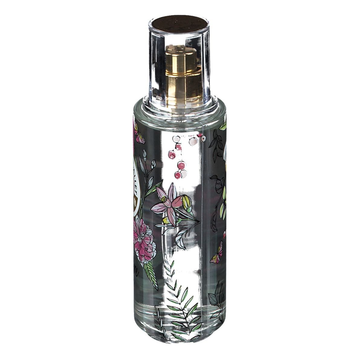 Flacon transparent, motifs floraux. Vaporisateur doré. Logo Roger & Gallet.