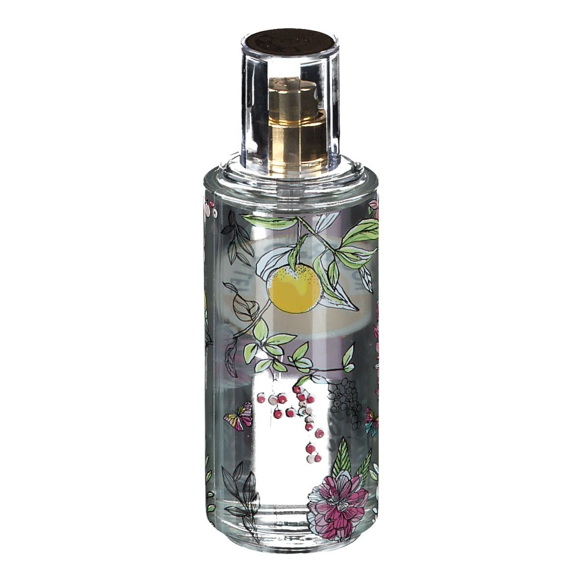 Flacon transparent, motifs floraux. Vaporisateur doré. Logo Roger & Gallet.