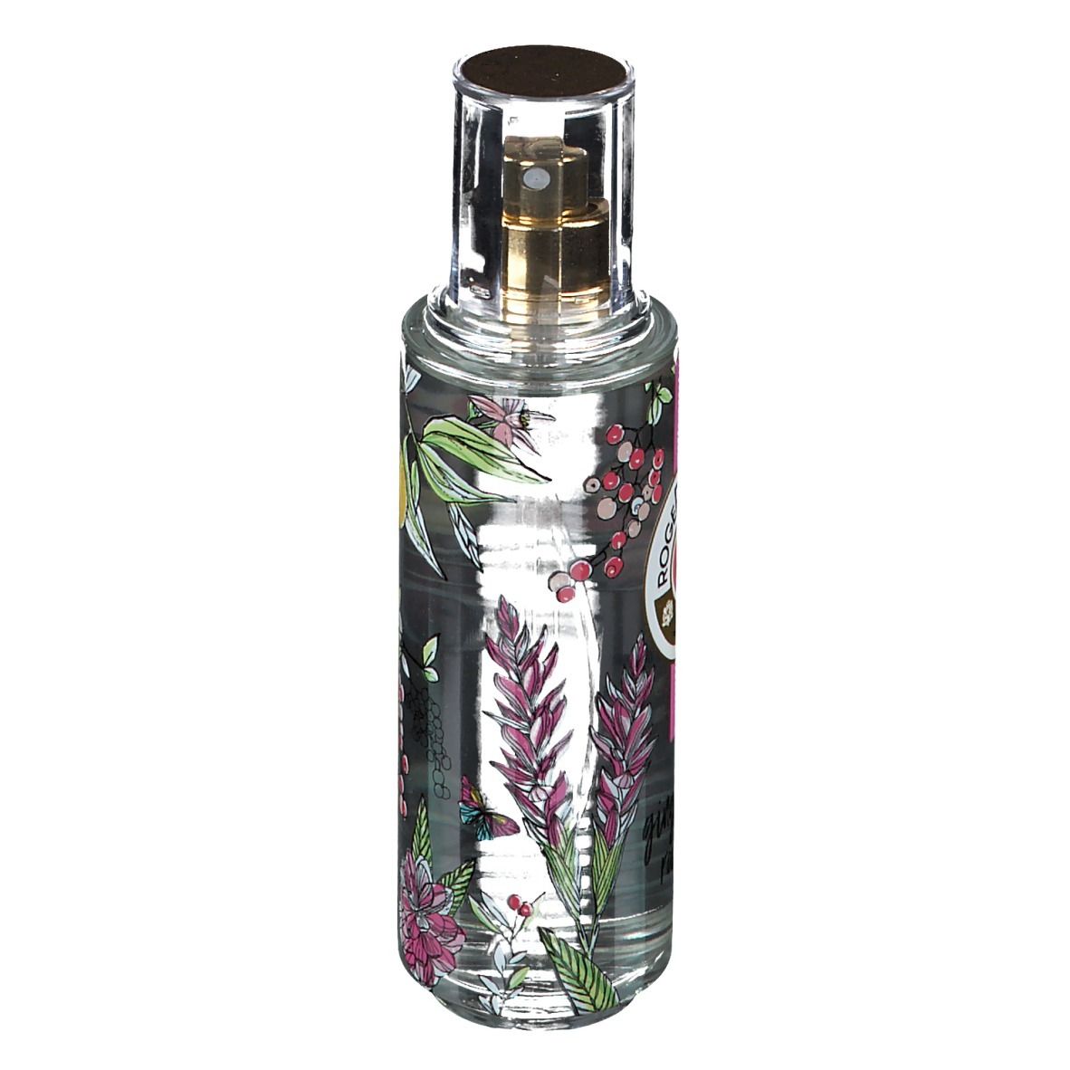 Flacon transparent, motifs floraux. Vaporisateur doré. Logo Roger & Gallet.