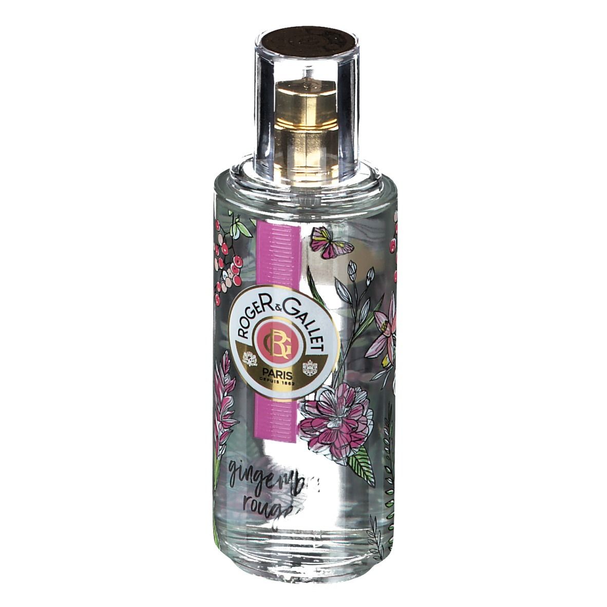 Flacon transparent, motifs floraux, ruban rose. Vaporisateur doré. Logo Roger & Gallet.