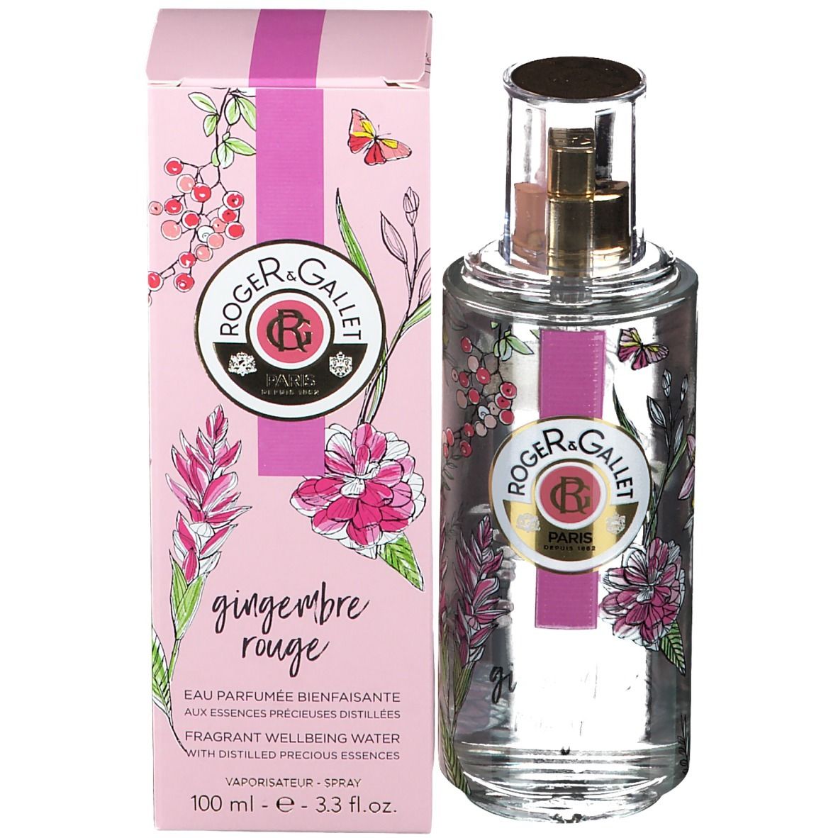 Flacon et emballage. Flacon floral, ruban rose. Emballage rose avec logo Roger & Gallet.