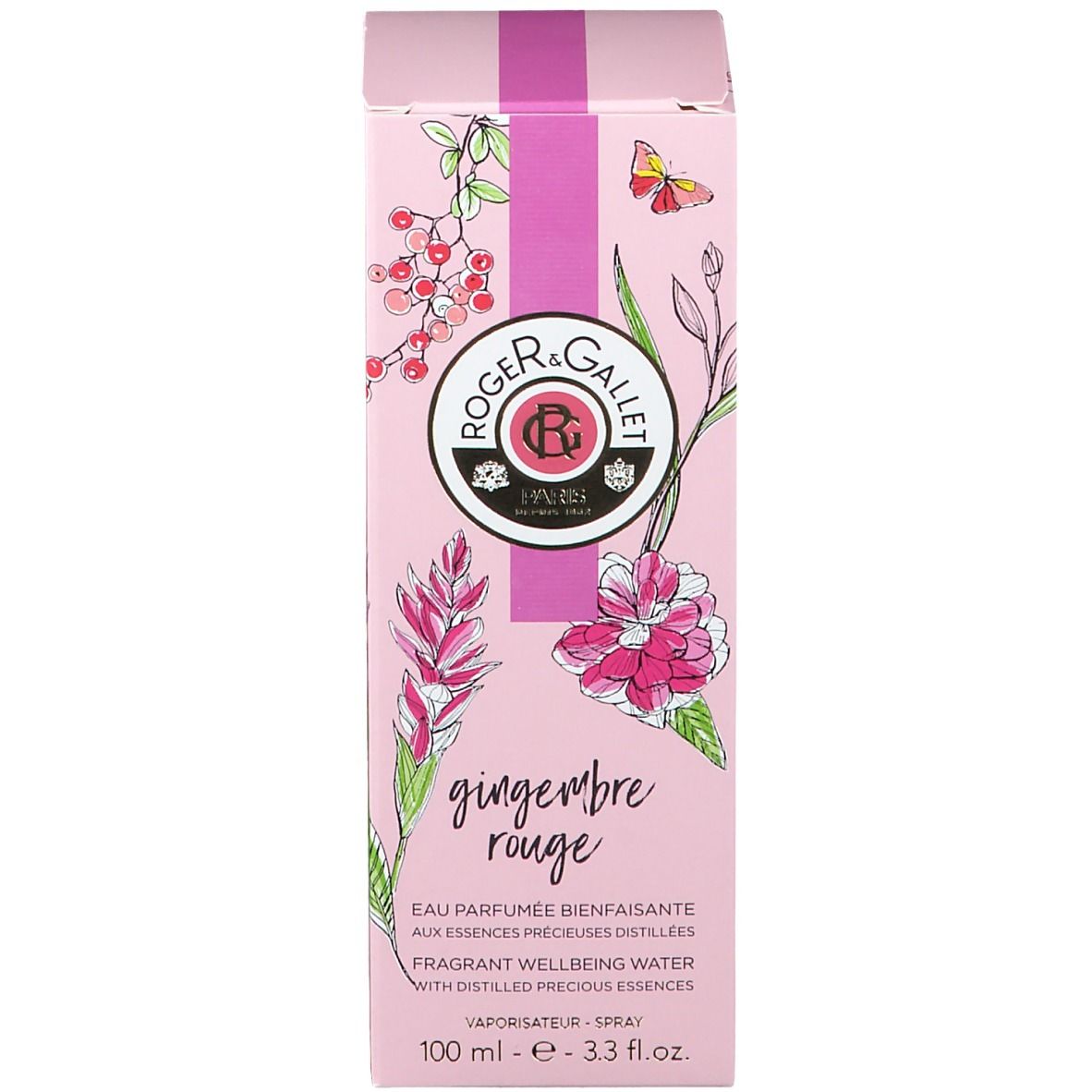 Emballage rose, motifs floraux et logo Roger & Gallet. Texte: gingembre rouge, Eau parfumée.