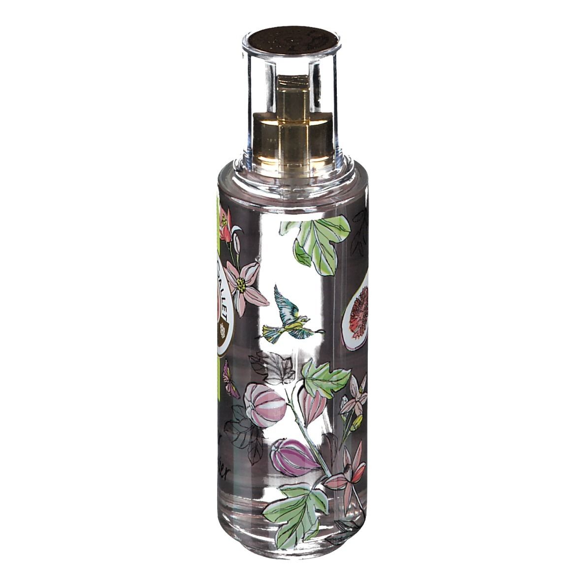 Flacon transparent avec vaporisateur doré. Décor de fleurs, feuilles et figues. Logo non visible.
