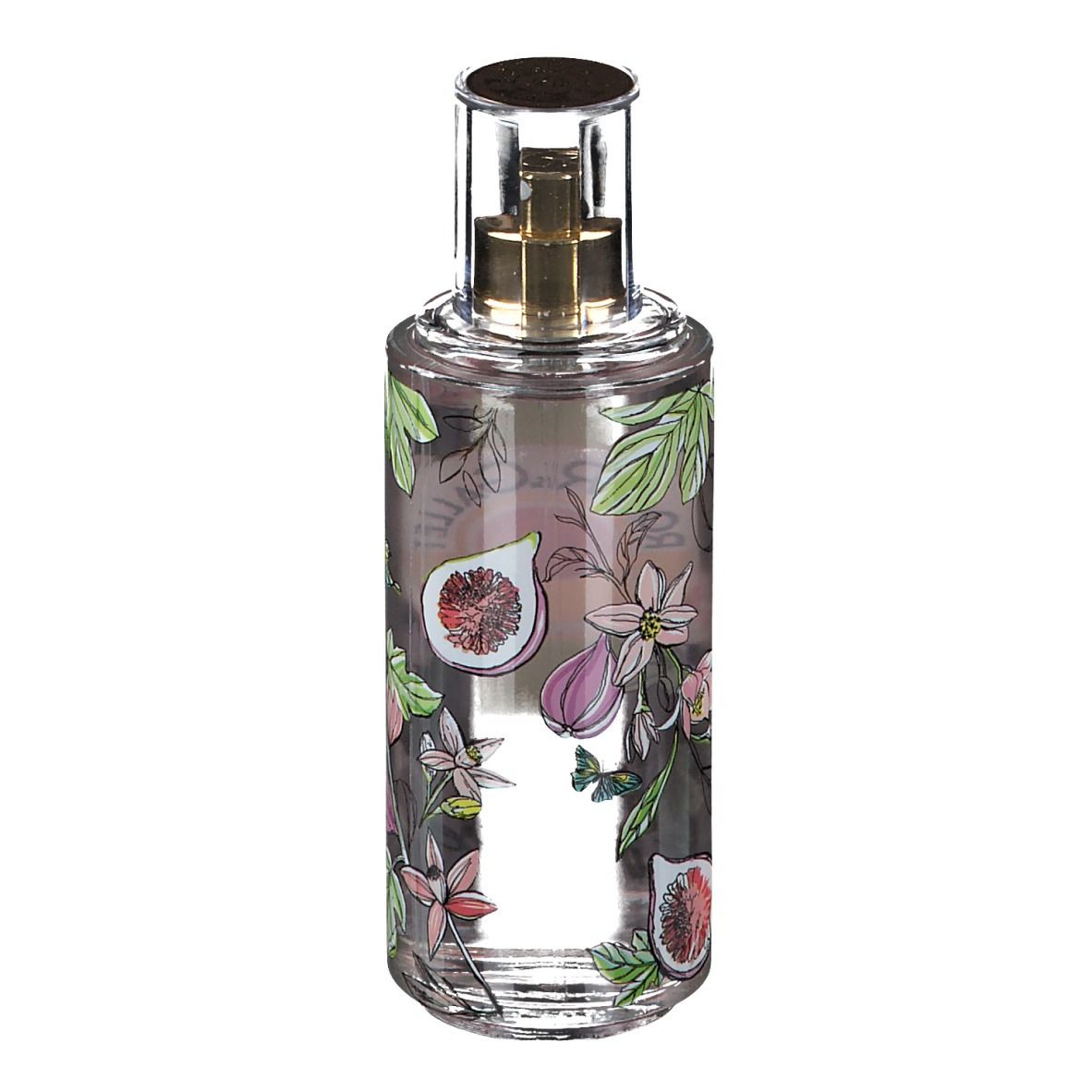 Flacon transparent avec vaporisateur doré. Décor de figues, fleurs et feuilles. Logo non visible.