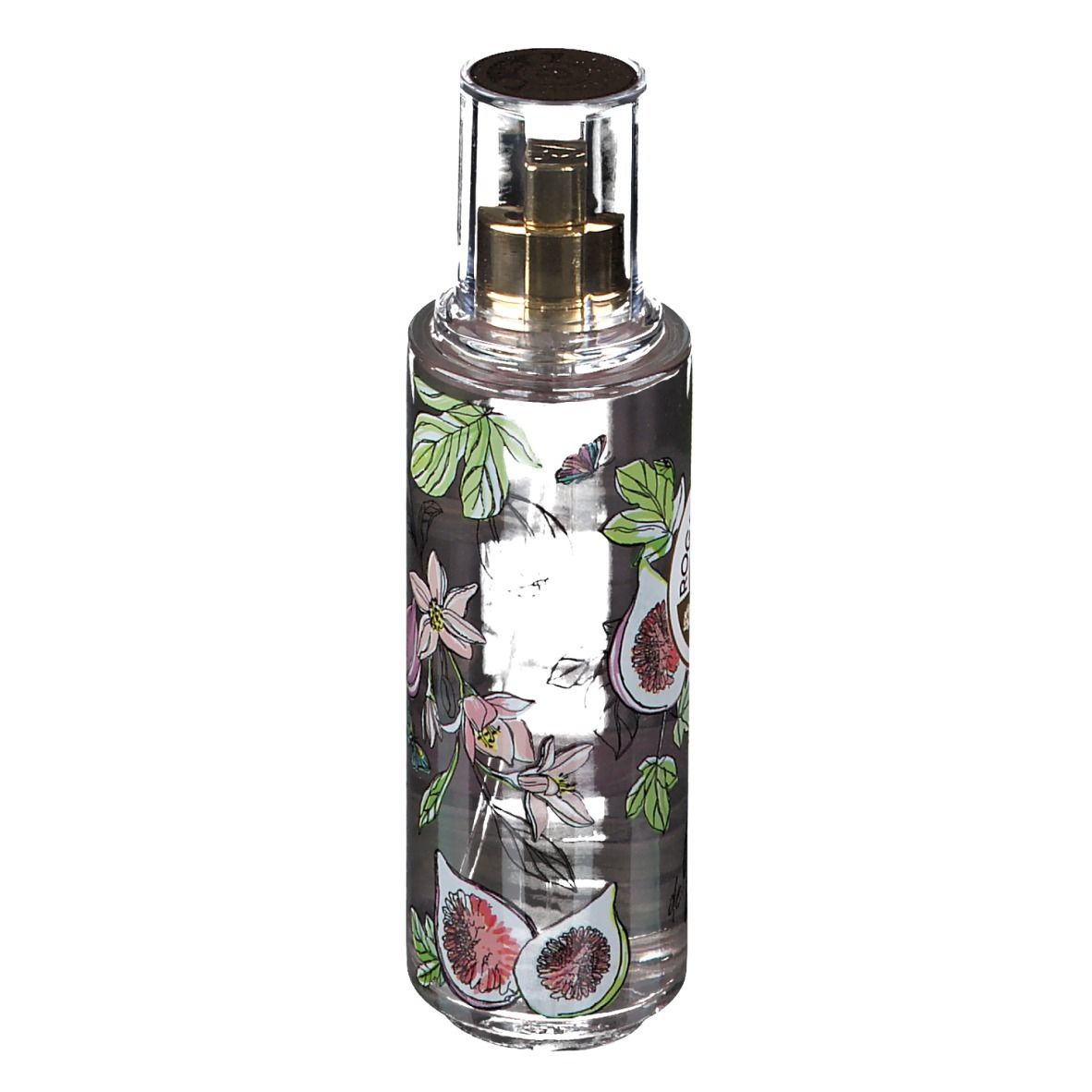Flacon transparent avec vaporisateur doré. Décor de figues, fleurs et feuilles. Logo non visible.