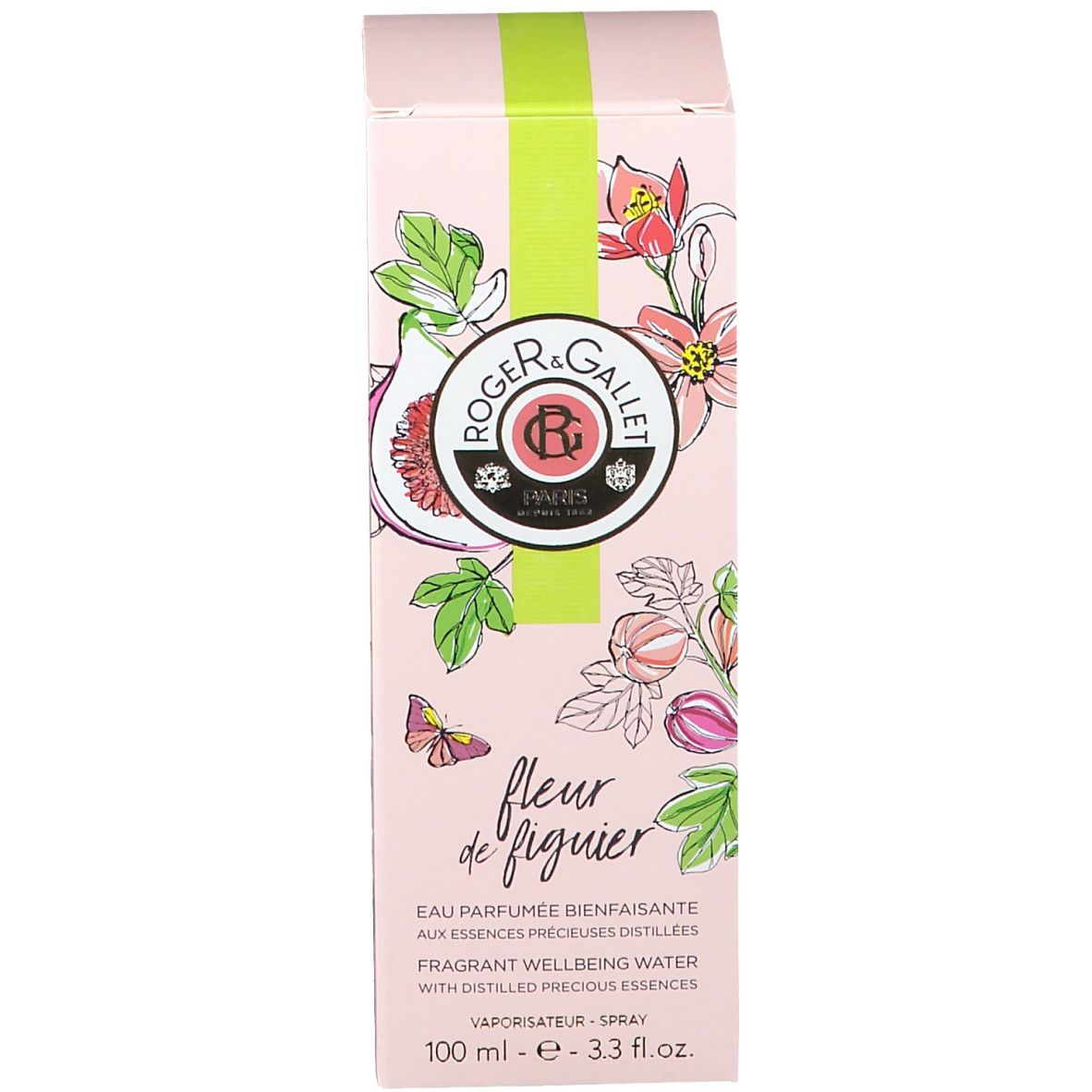 Boîte rose avec logo, décor de figues et fleurs. Bande verte. Texte: Fleur de Figuier, Eau Parfumée.