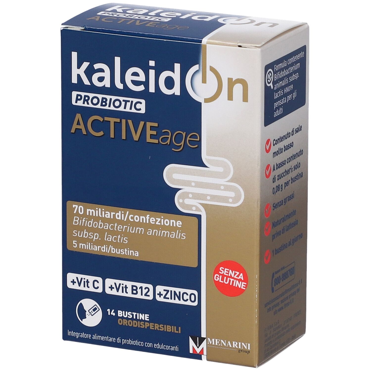 Packung Kaleidon Probiotic Active Age mit 14 Beuteln, Vitamin C, B12 und Zink.