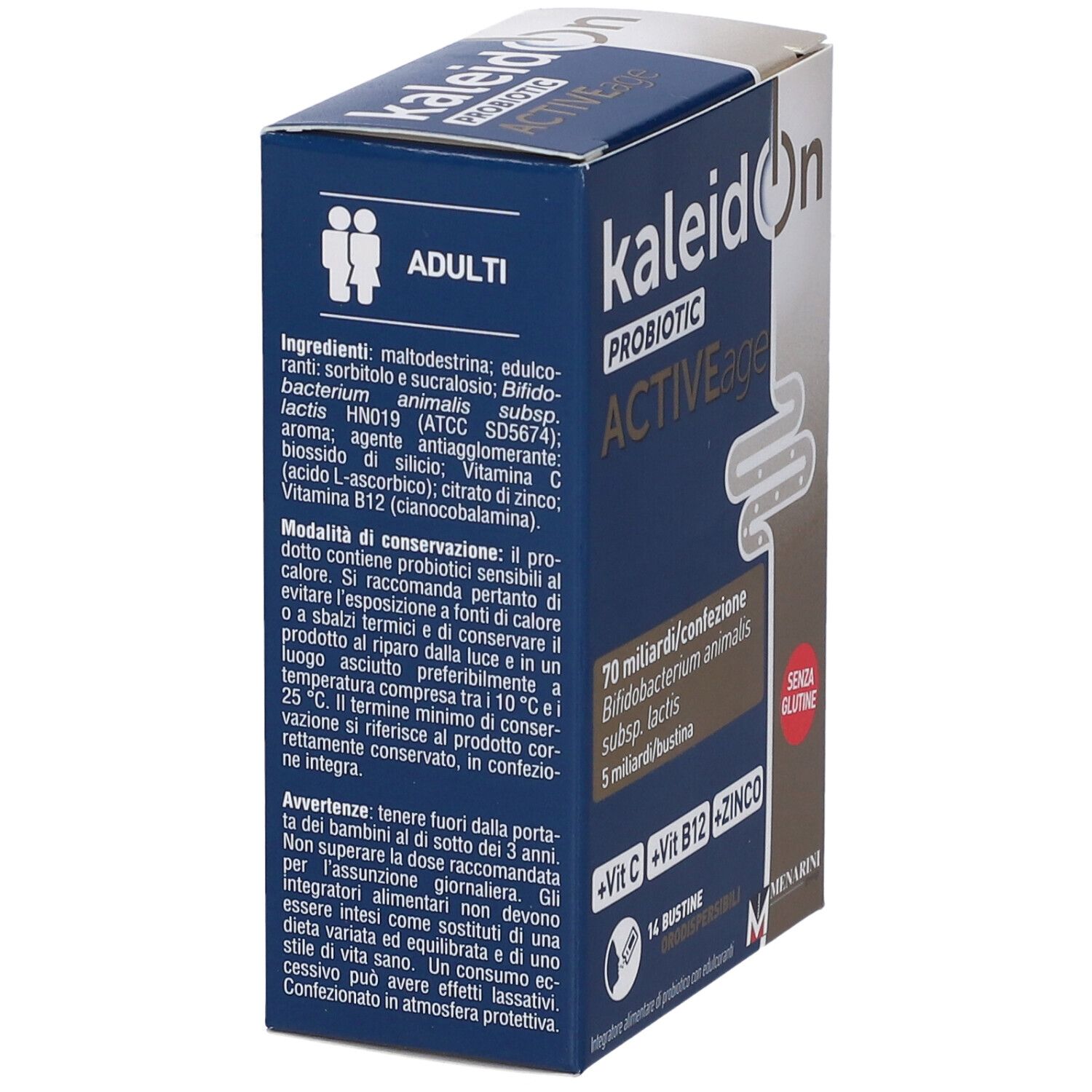 Rückseite der Packung Kaleidon Probiotic Active Age mit Zutatenliste und Anwendungshinweisen.