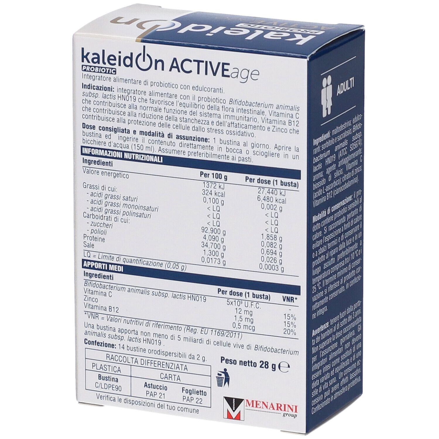 Seitenansicht der Packung Kaleidon Probiotic Active Age mit Nährwertangaben und Inhaltsstoffen.