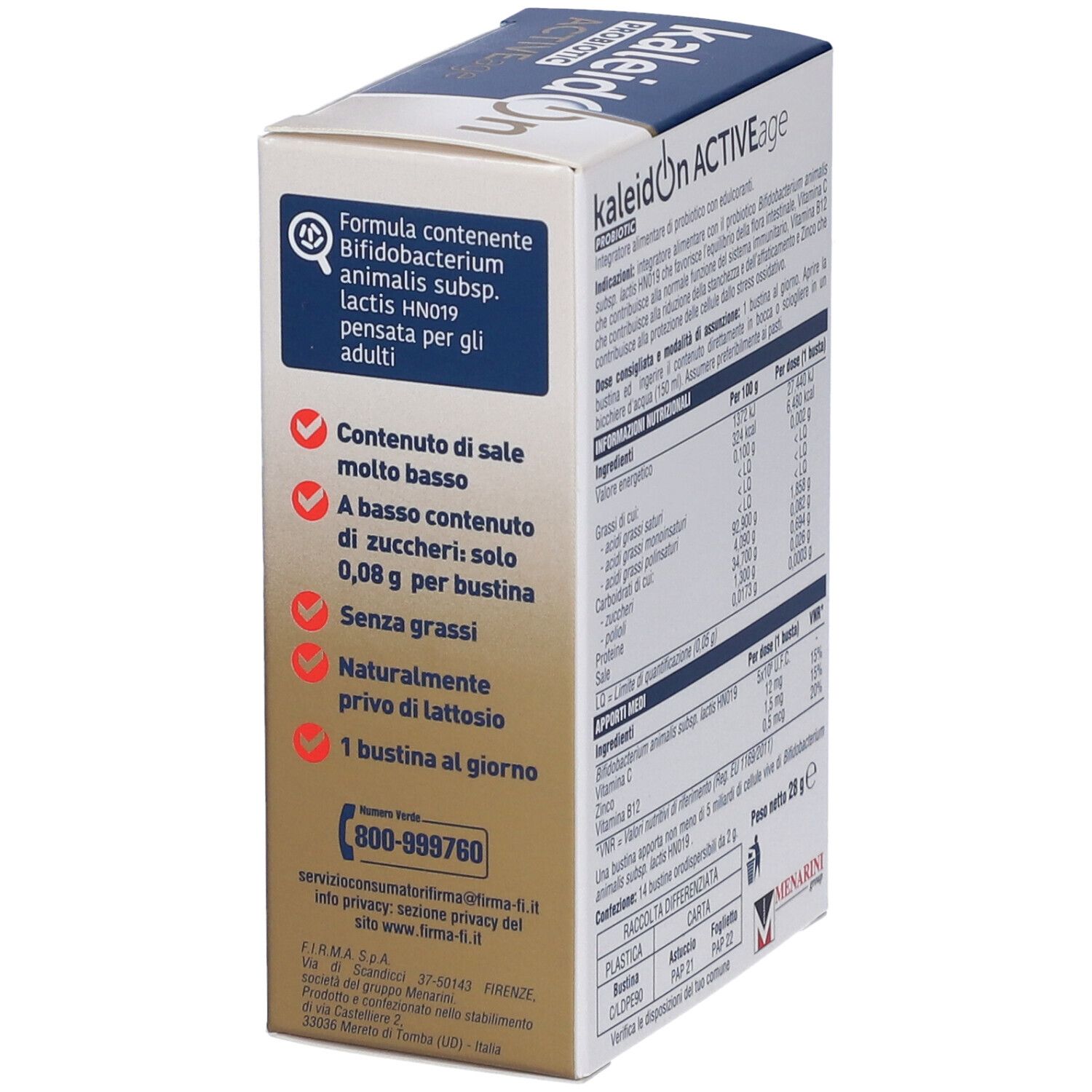 Seitenansicht der Packung Kaleidon Probiotic Active Age mit Hinweisen zu Inhaltsstoffen und Anwendung.