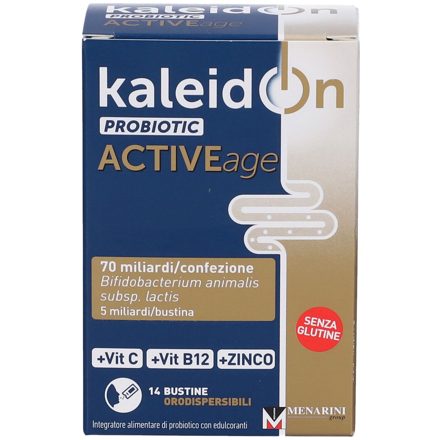 Vorderseite der Packung Kaleidon Probiotic Active Age mit Hervorhebung von Vitaminen und Zink.