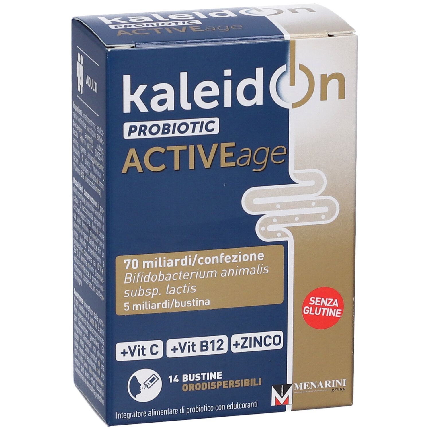 Packung Kaleidon Probiotic Active Age, 14 Beutel, mit Vitamin C, B12 und Zink, glutenfrei.