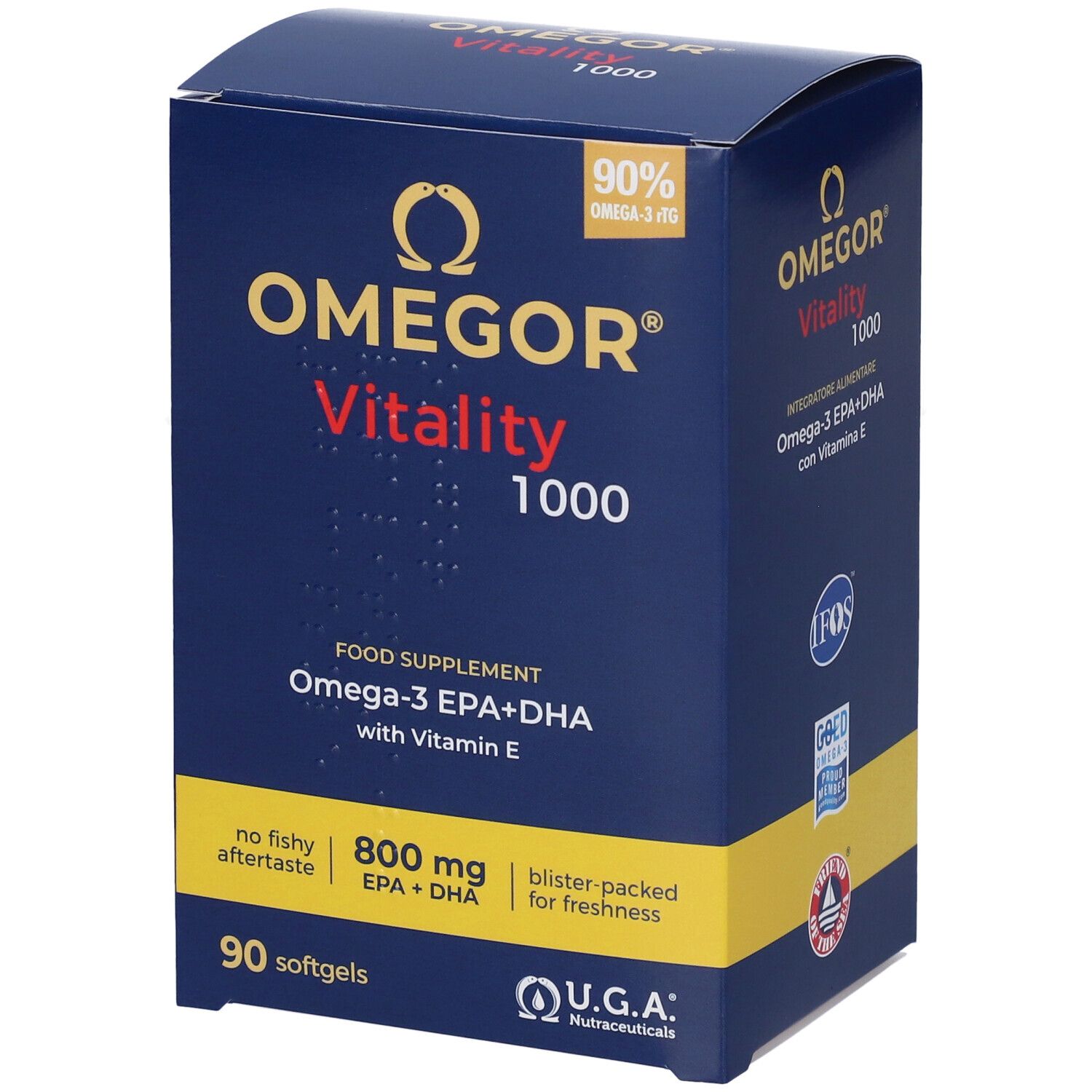 Dunkelblaue Schachtel mit OMEGOR Vitality 1000. Enthält 90 Softgels. Aufschrift: Omega-3 EPA+DHA mit Vitamin E. U.G.A. Nutraceuticals.