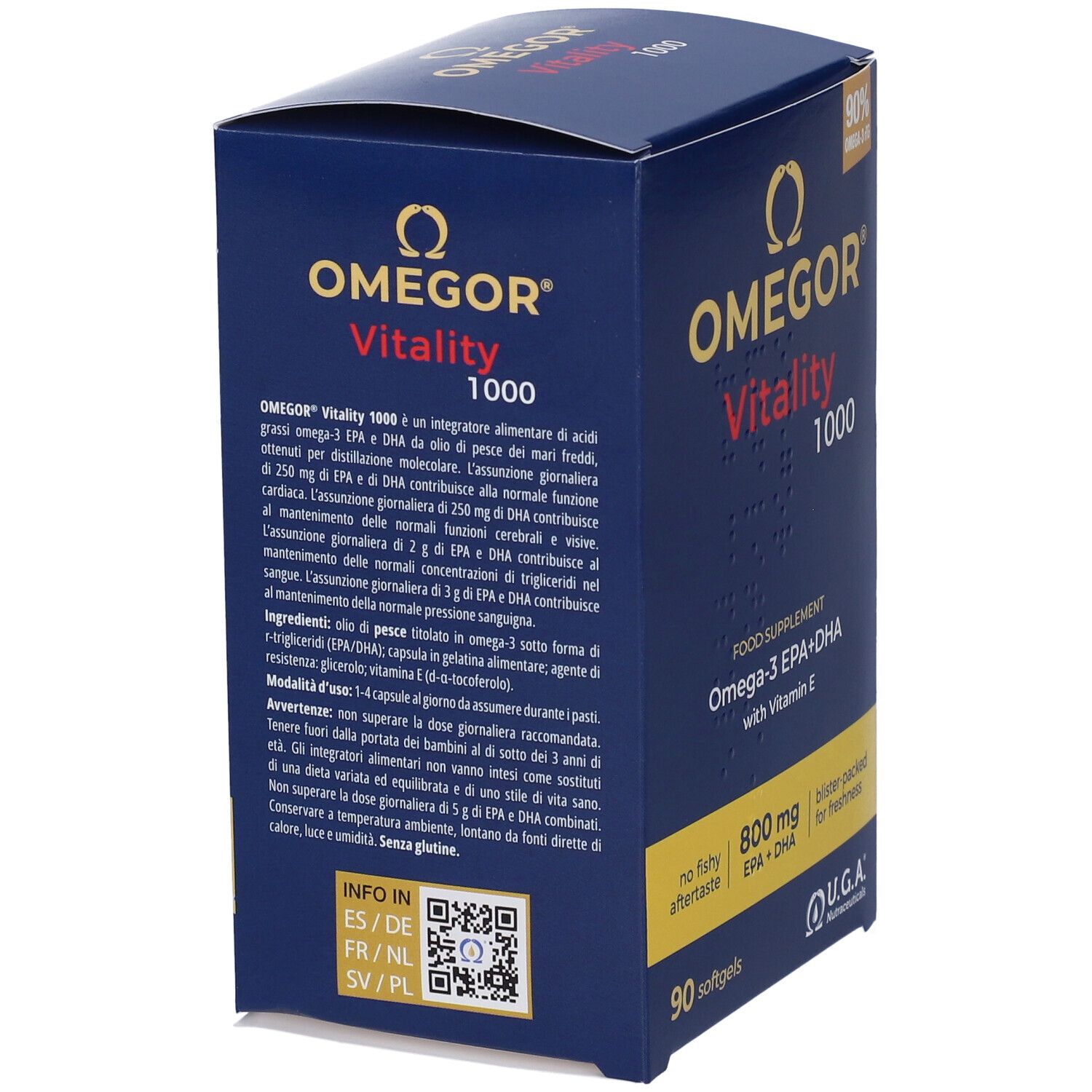 Rückseite der OMEGOR Vitality 1000 Schachtel. Text in mehreren Sprachen. Enthält Informationen zu Inhaltsstoffen und Anwendung. U.G.A. Nutraceuticals.