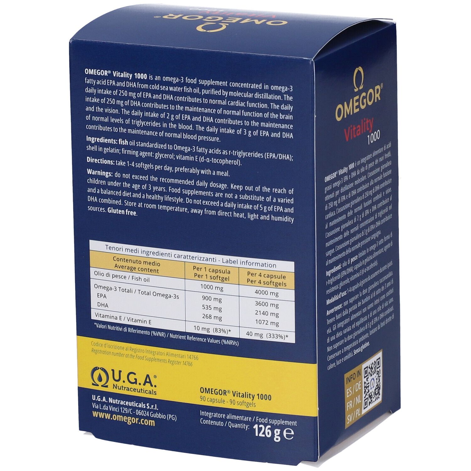 Rückseite der OMEGOR Vitality 1000 Schachtel. Enthält Informationen zu Inhaltsstoffen und Nährwerten. U.G.A. Nutraceuticals. Gewicht: 126 g.