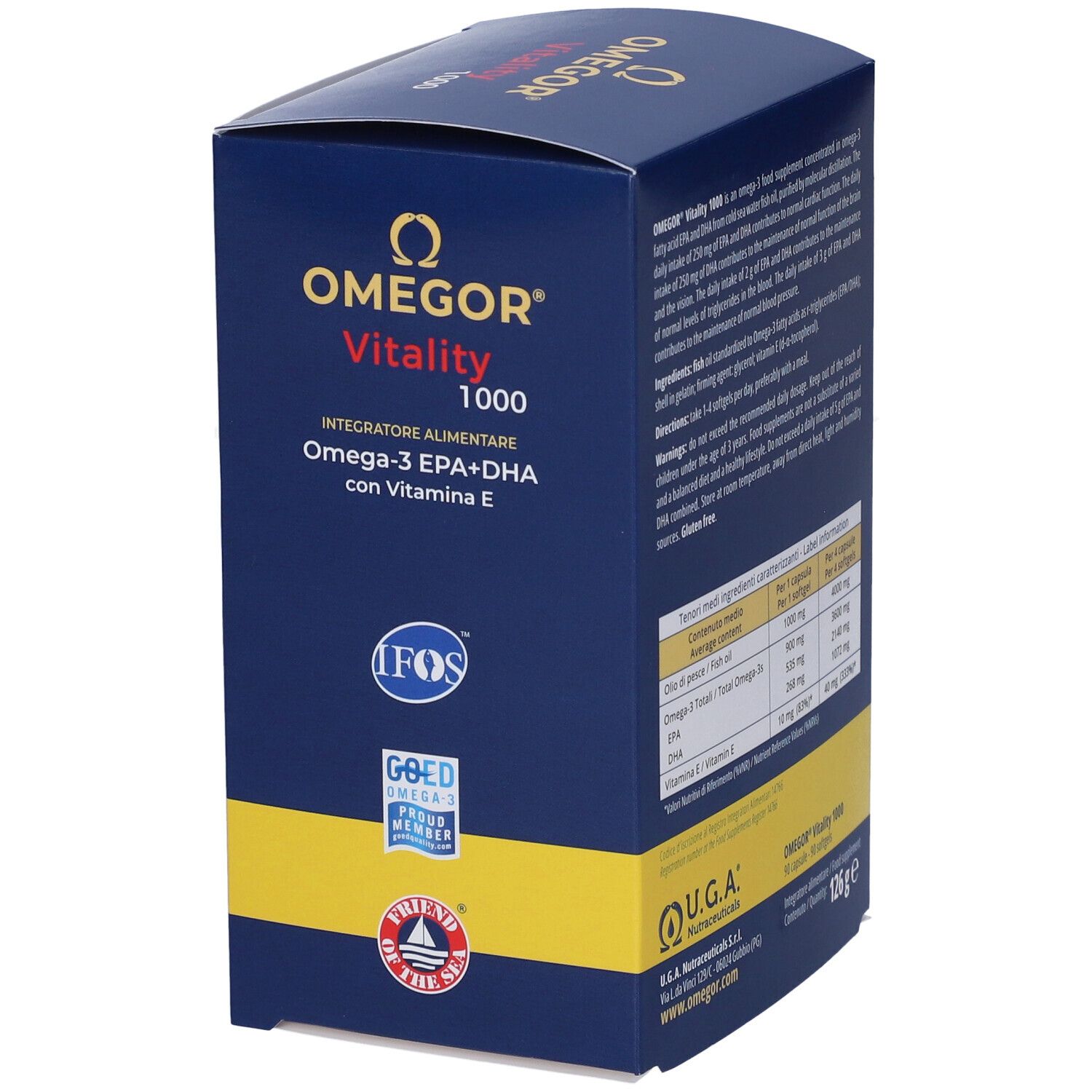 OMEGOR Vitality 1000 Schachtel mit IFOS und GOED-Siegeln. Enthält 90 Softgels. U.G.A. Nutraceuticals. Aufschrift: Omega-3 EPA+DHA mit Vitamin E.