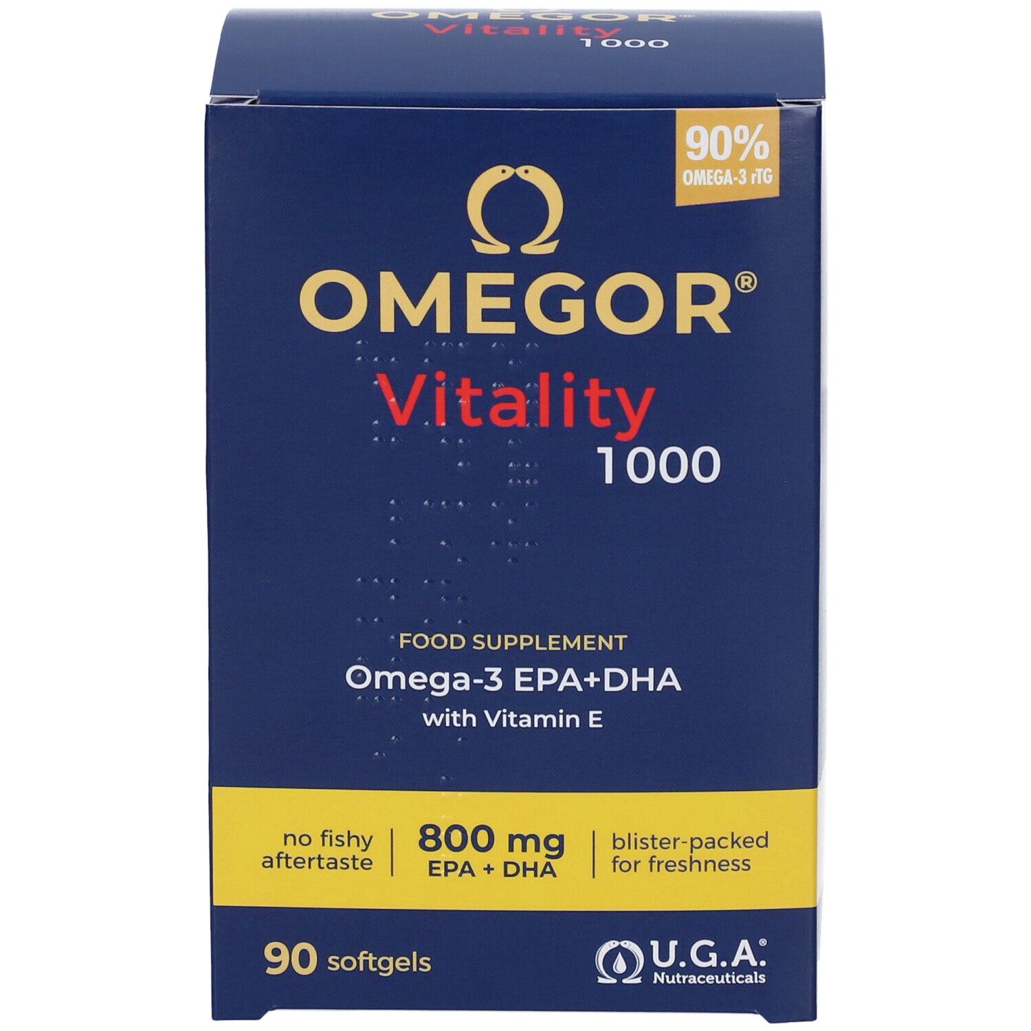 Dunkelblaue Schachtel OMEGOR Vitality 1000. Enthält 90 Softgels. Aufschrift: Omega-3 EPA+DHA mit Vitamin E. U.G.A. Nutraceuticals. Kein fischiger Nachgeschmack.