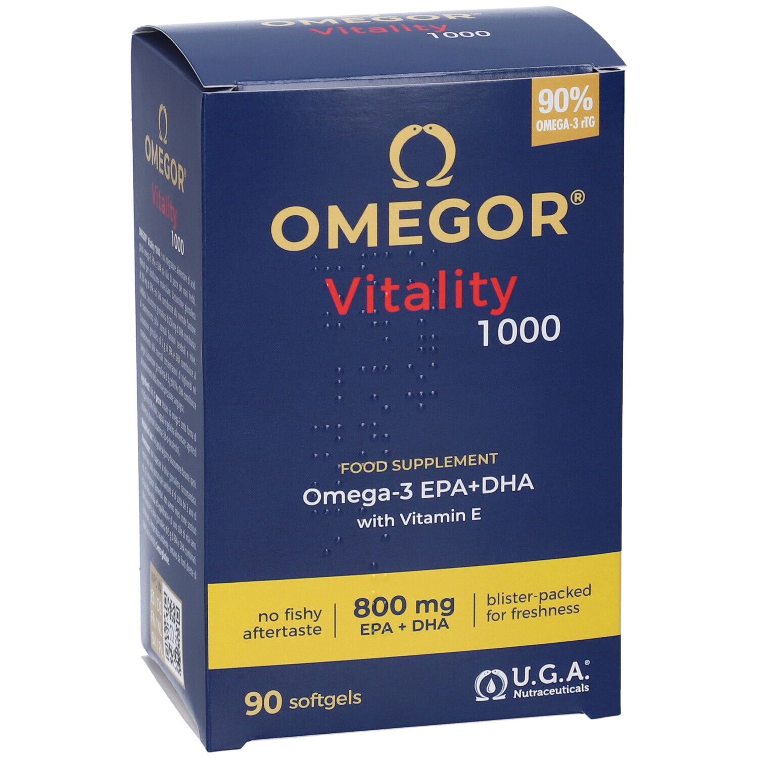 Dunkelblaue Schachtel OMEGOR Vitality 1000. Enthält 90 Softgels. Aufschrift: Omega-3 EPA+DHA mit Vitamin E. U.G.A. Nutraceuticals. 90% Omega-3 TG.
