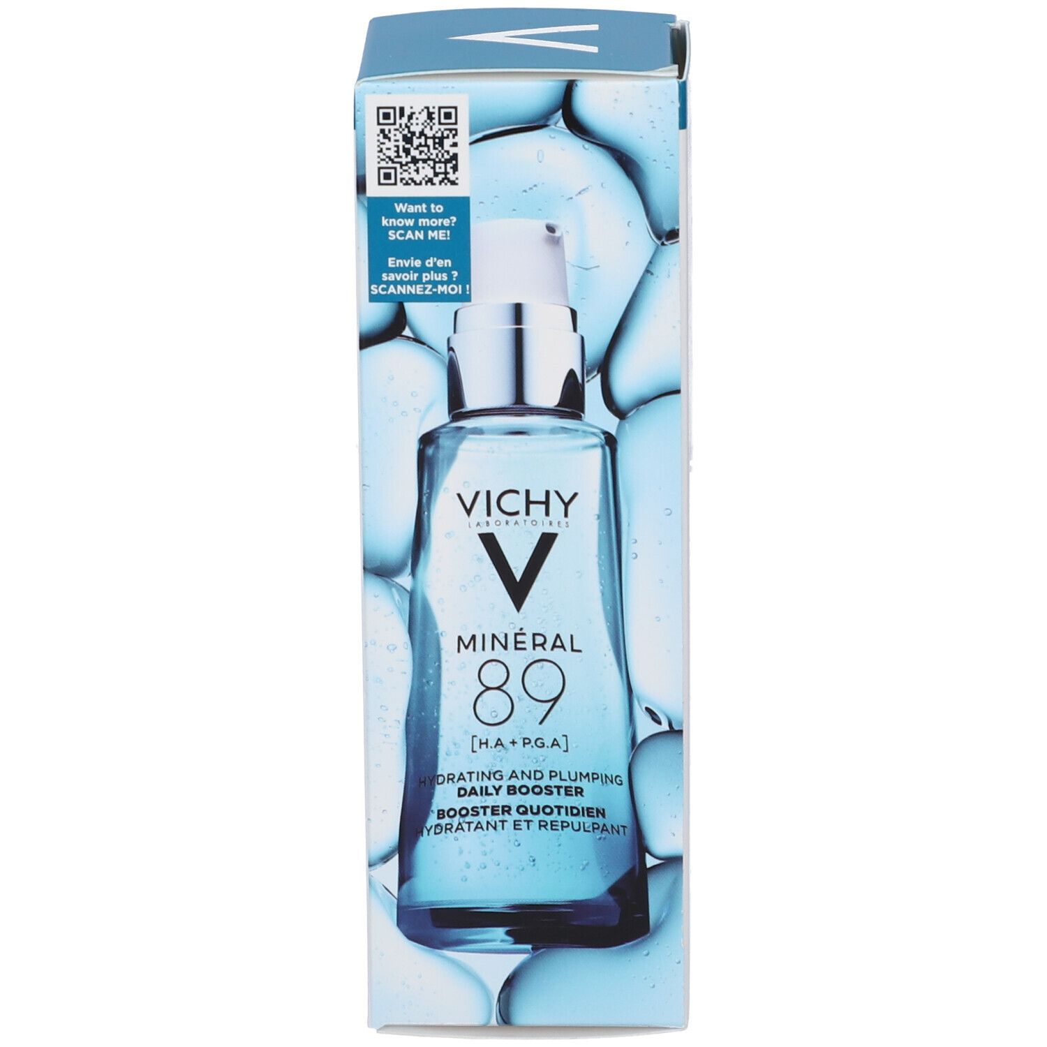 Produit avec emballage. Logo VICHY, nom du produit et ingrédients. Code QR sur l'emballage.