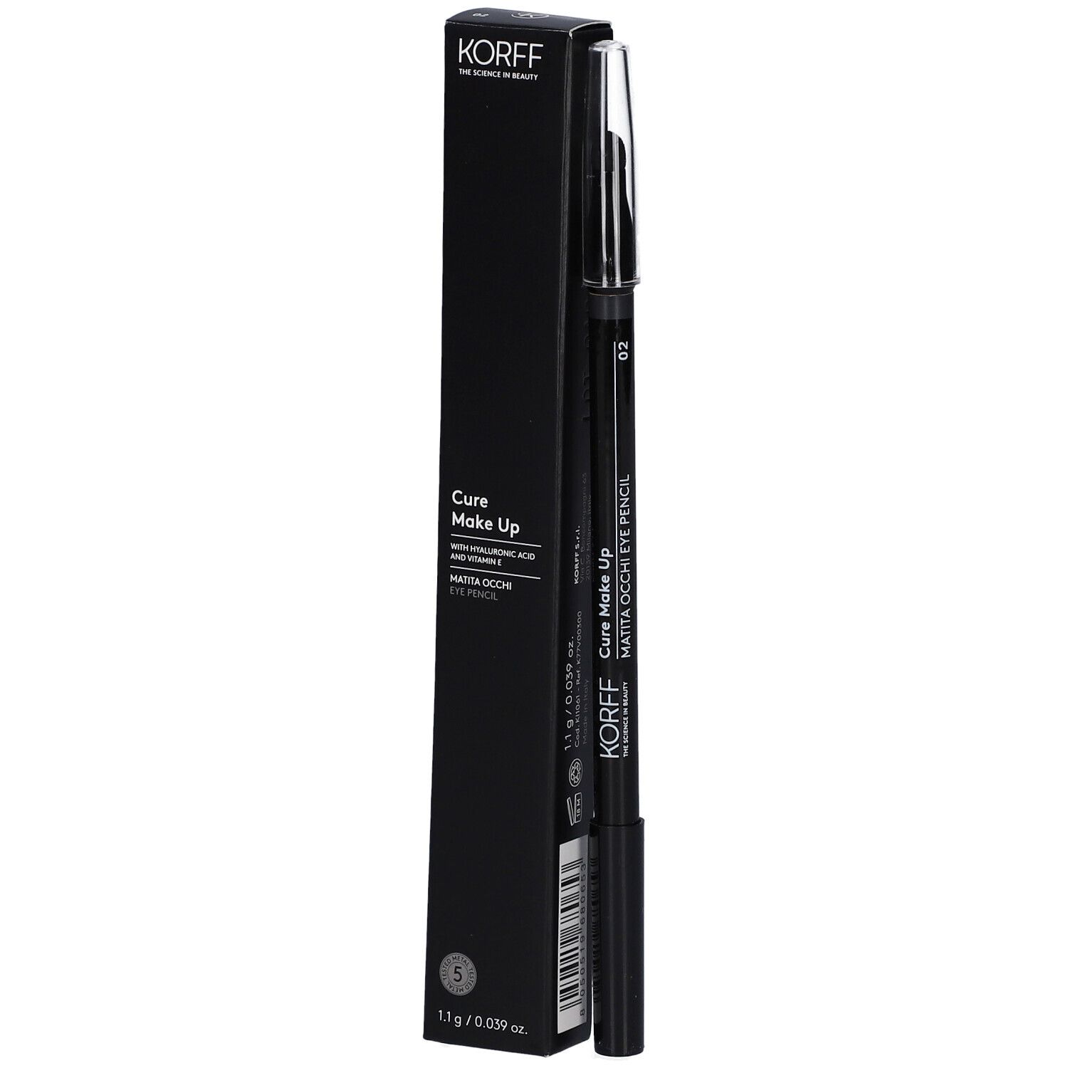 Augenstift und Verpackung. Schwarze Verpackung mit Produktinformationen. Marke: KORFF. Augenstift 02 Grau.