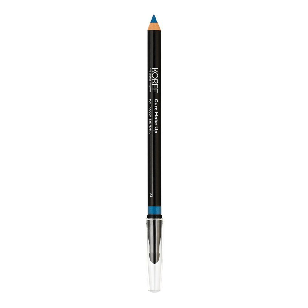 Blauer Kajalstift mit schwarzem Schaft und transparentem Deckel. Marke KORFF, Produktname Cure Make Up.
