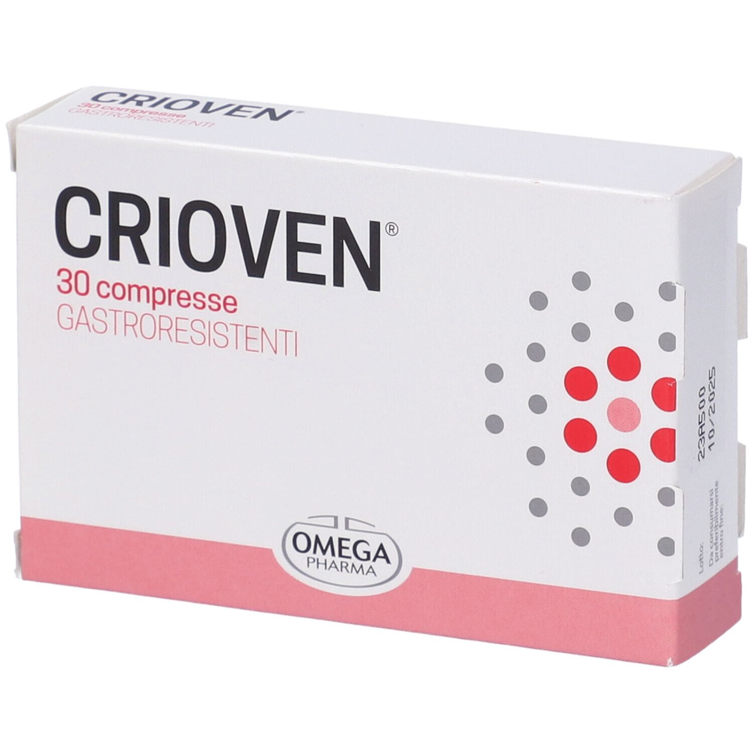 Boîte de comprimés "Crioven". 30 comprimés gastro-résistants. Marque Omega Pharma. Emballage blanc avec accent rouge.