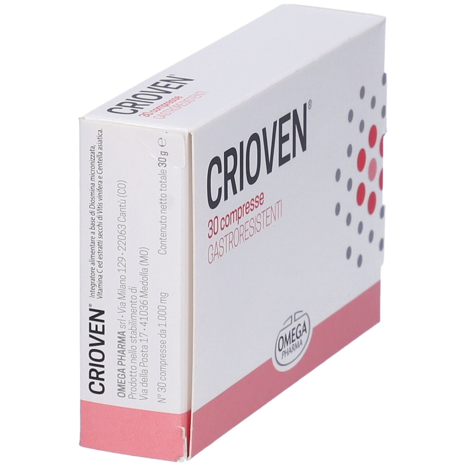 Boîte "Crioven" de 30 comprimés. Marque Omega Pharma. Emballage blanc avec accent rouge. Inscriptions avec informations.