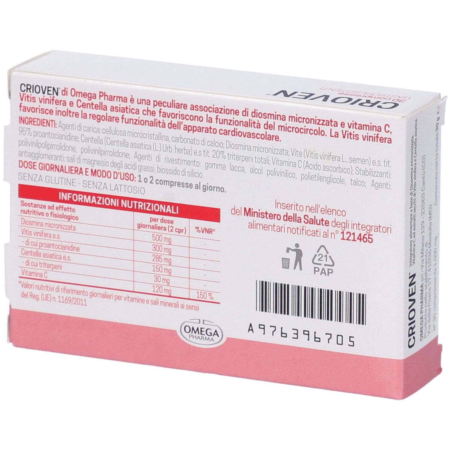 Dos de la boîte "Crioven". Contient ingrédients, informations nutritionnelles et fabricant. Marque Omega Pharma.